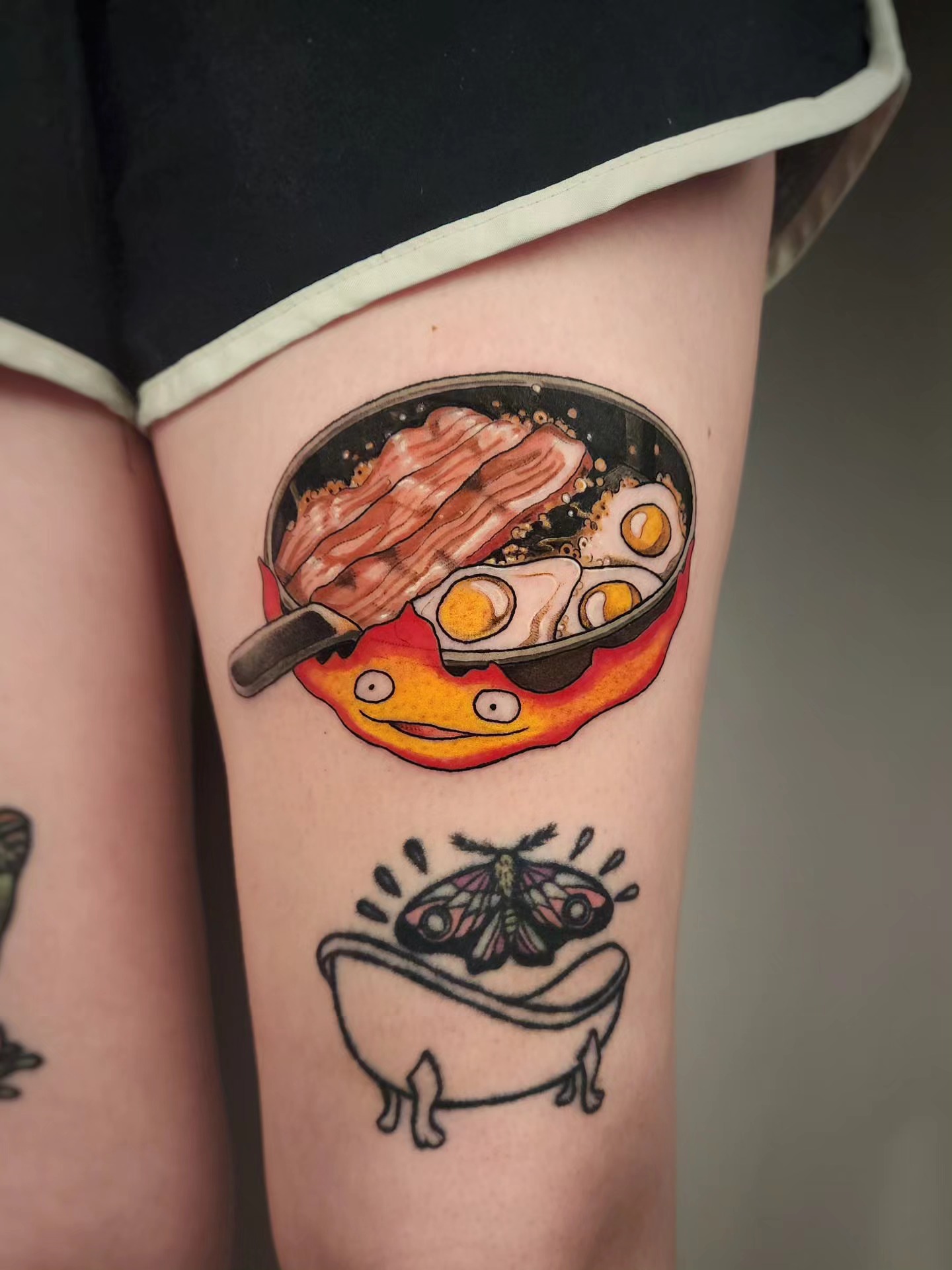 Breakfast American traditional tattoo on the thigh by Whitney Caskey