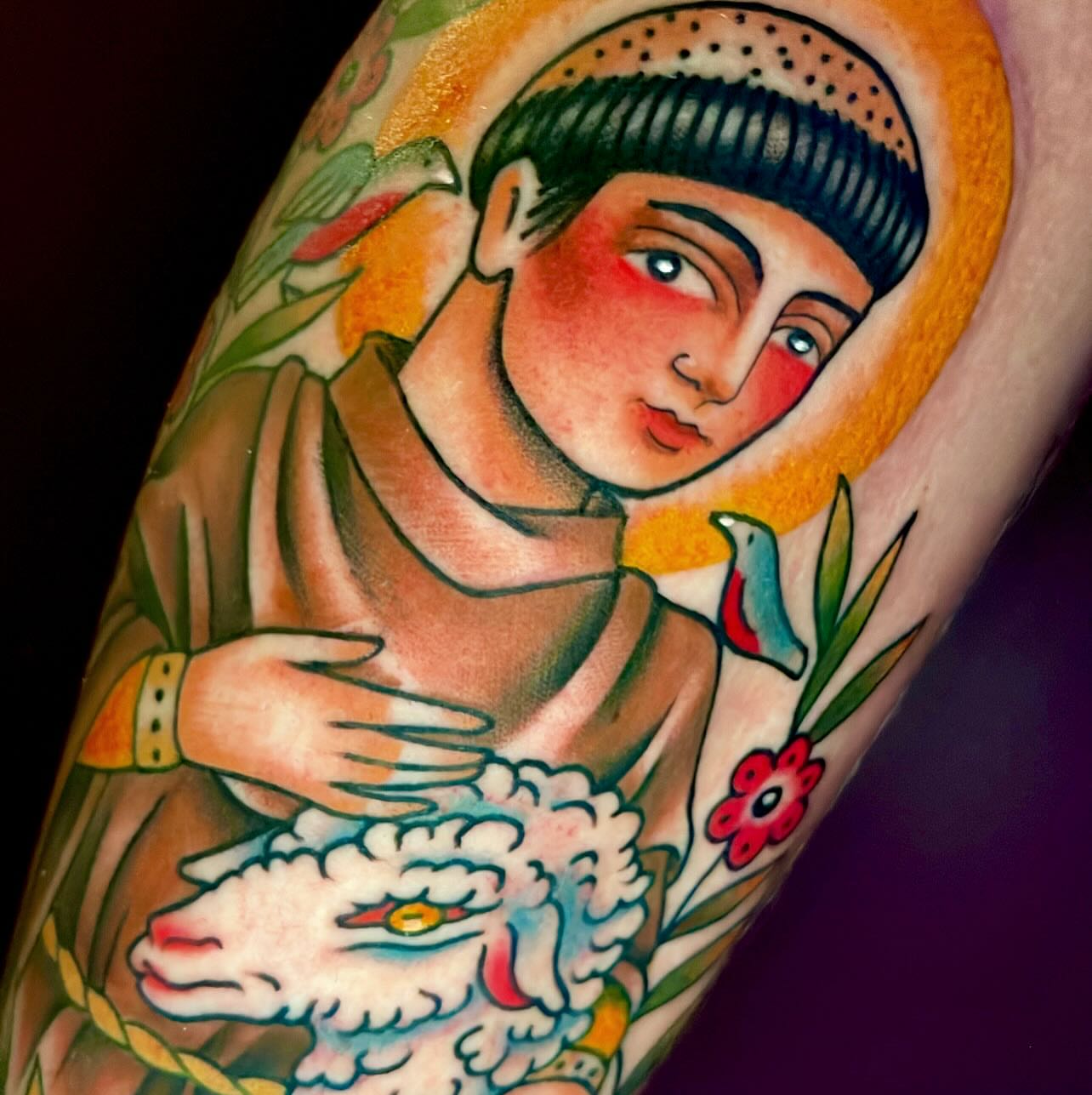 Shepherd and sheep American traditional tattoo on the forearm by Holli Marie