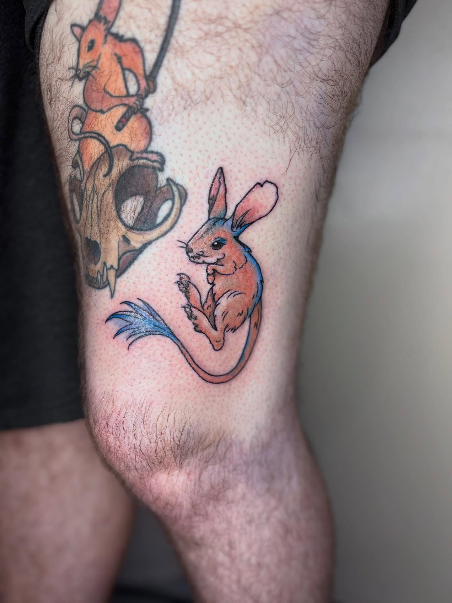 Kangaroo dotwork tattoo on the thigh by π»πΈπ½π½, Ypsilanti, Michigan