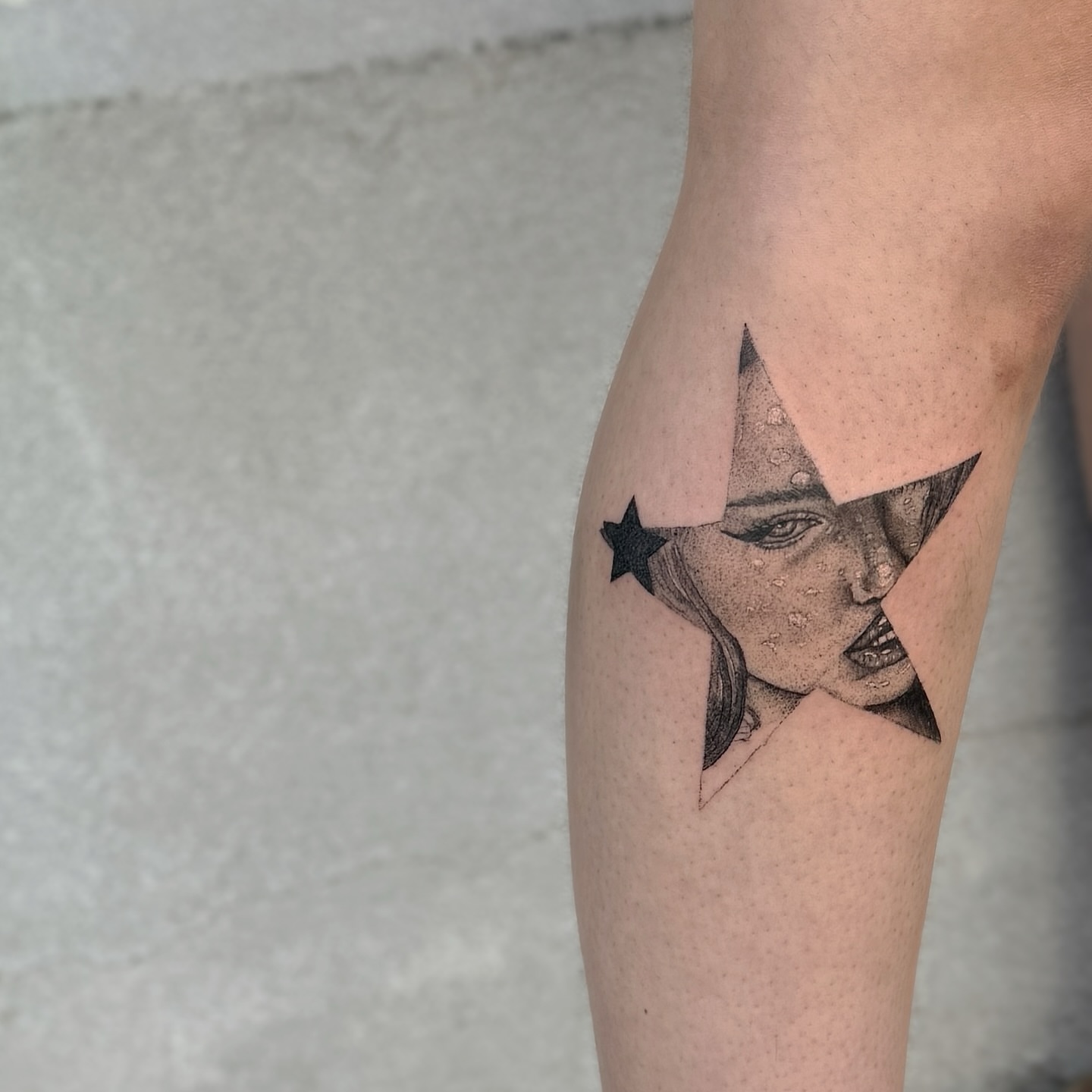 Woman's face dotwork tattoo on the forearm by Raleigh tattoo artist, Raleigh, North Carolina
