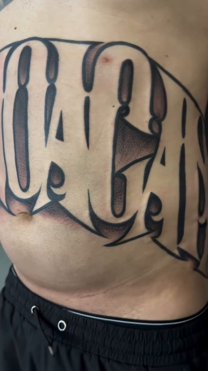 BIG GAIN lettering script tattoo by El Pato, San Jose, California