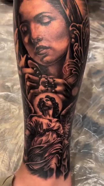 Virgin Mary and cherubs realism tattoo by Xando