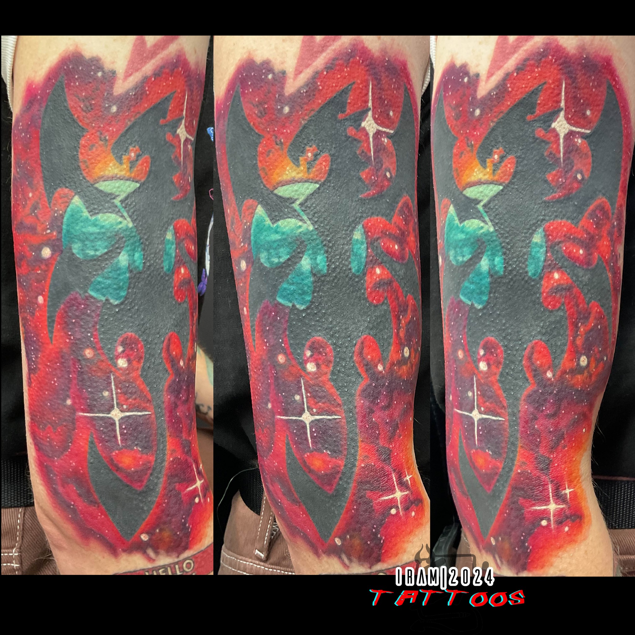 Galactic bat dotwork tattoo on the forearm by Iram Withencroft
