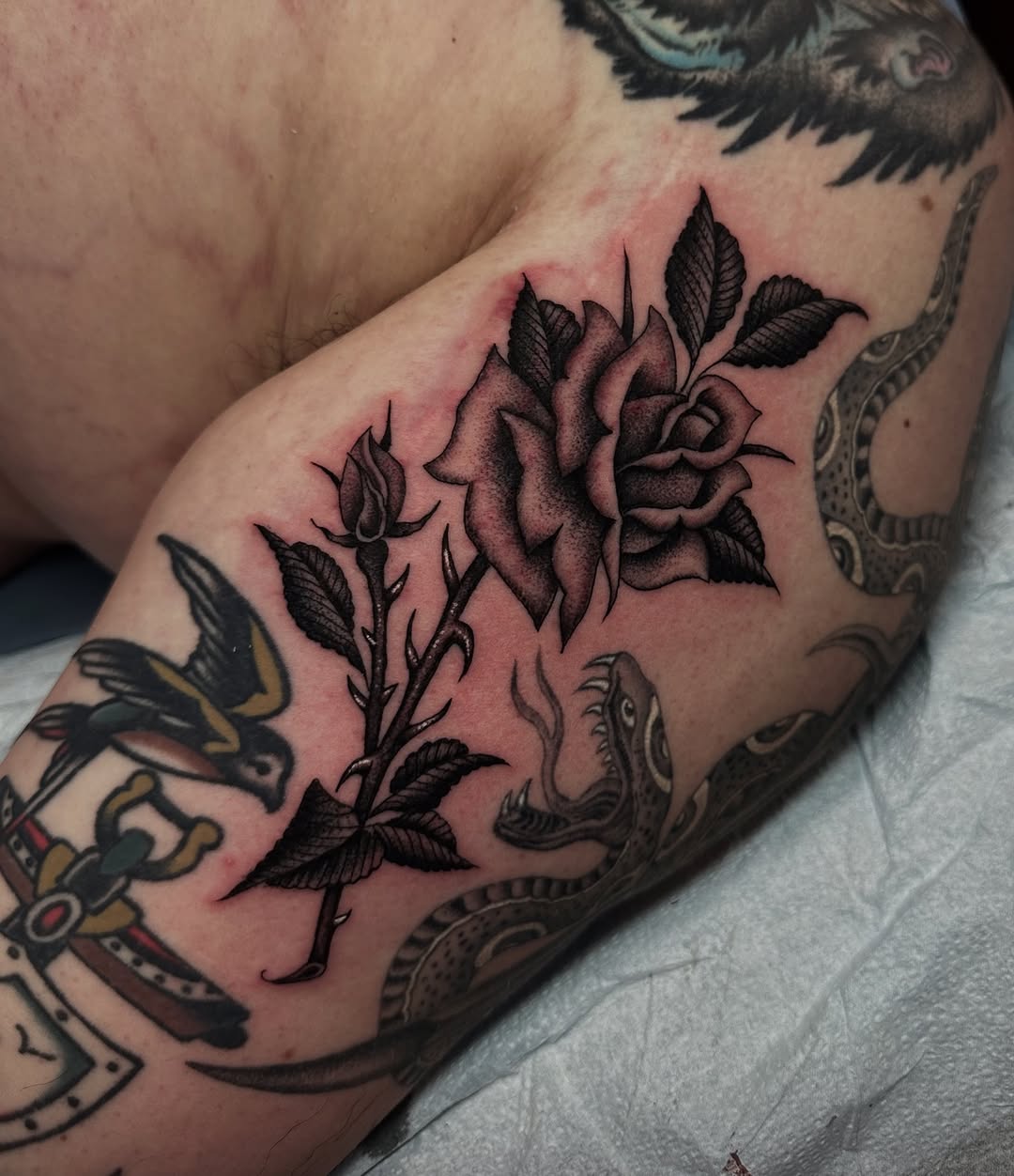 Tattoo by @matthewthomastattoo — black_and_grey, american_traditional