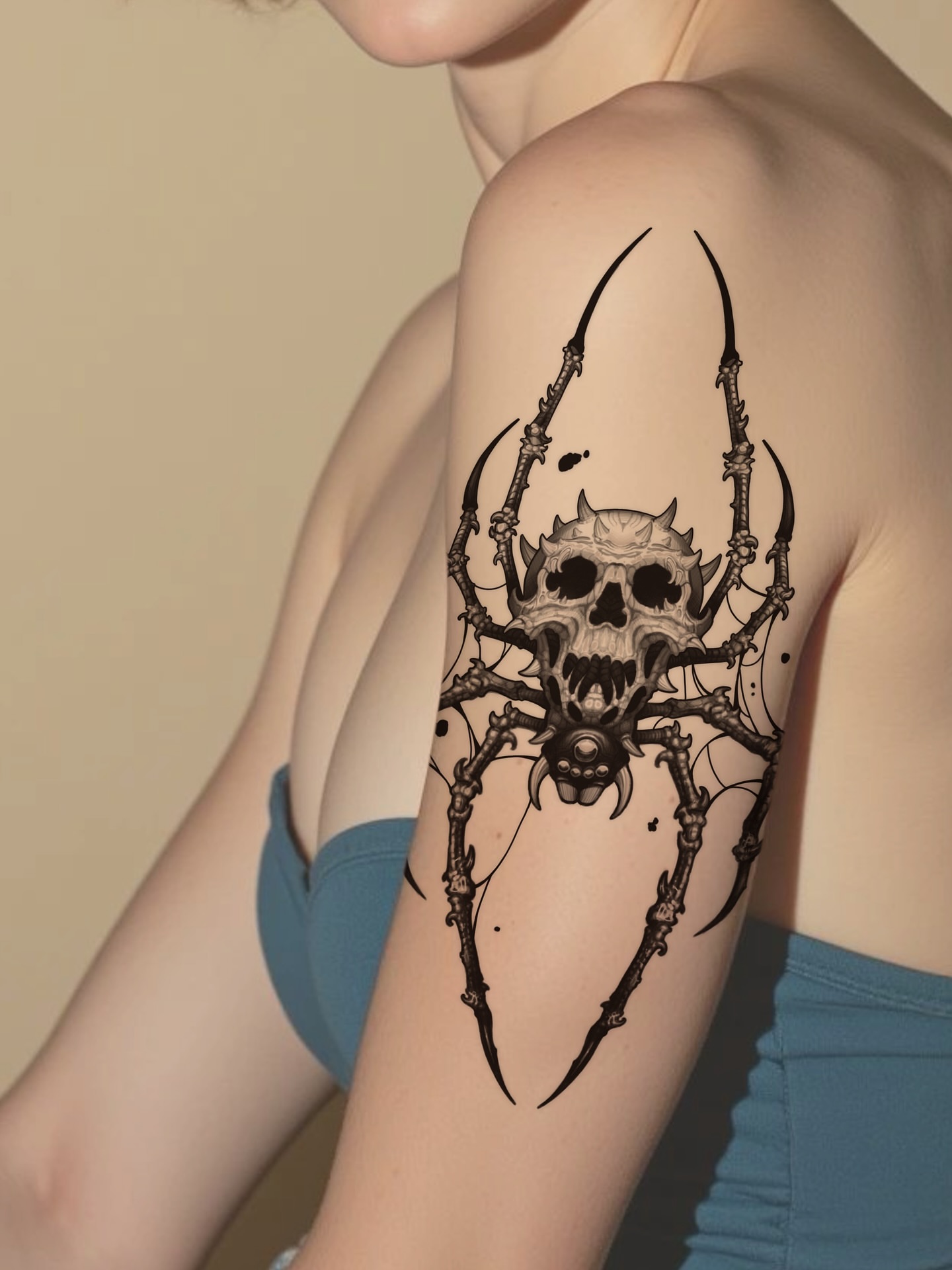 Skull with spider legs geometric tattoo on the shoulder by Blackwork A P S O