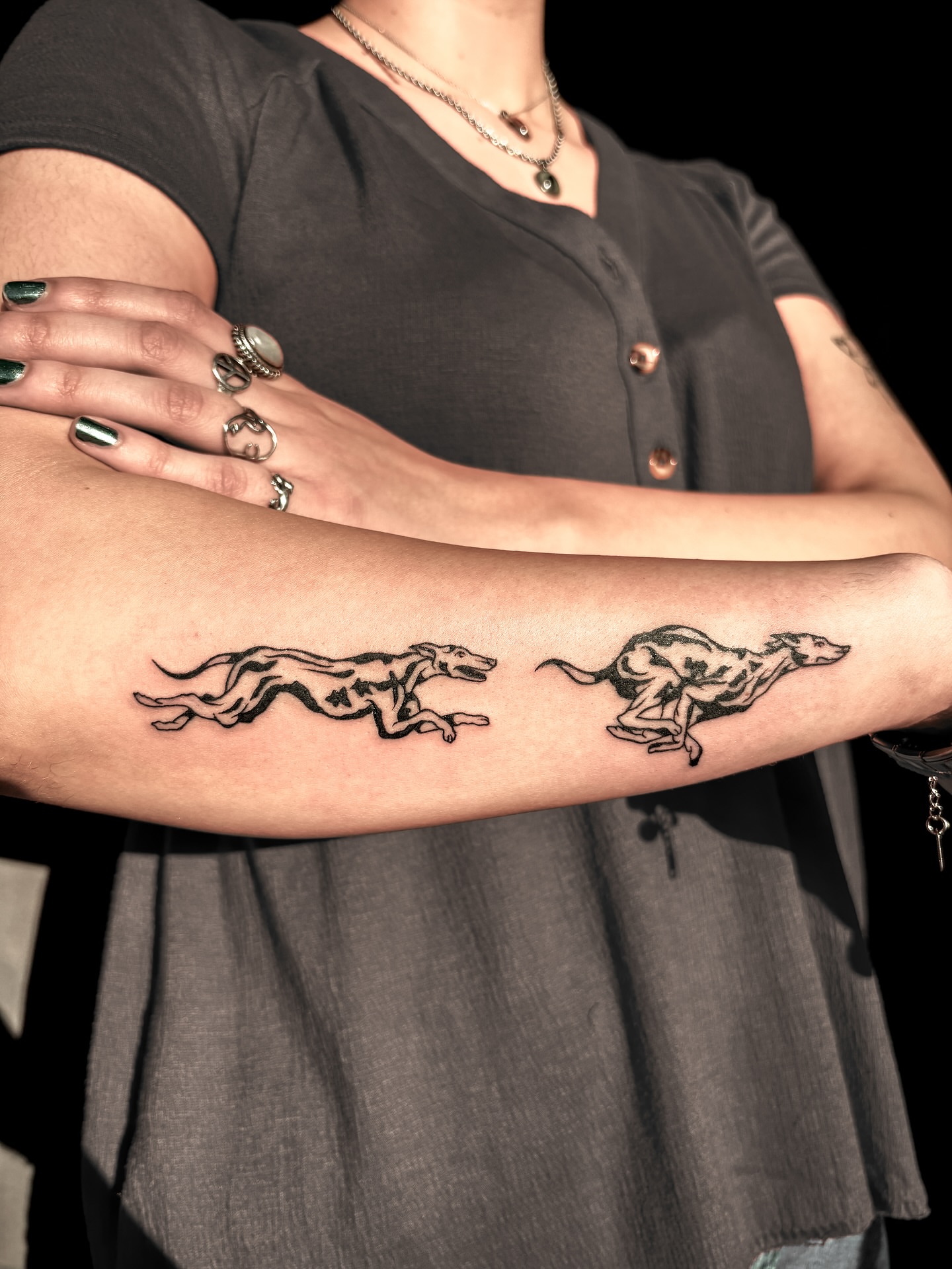 Greyhounds black and grey tattoo on the forearm by ✿ Desiree Gawle ✿