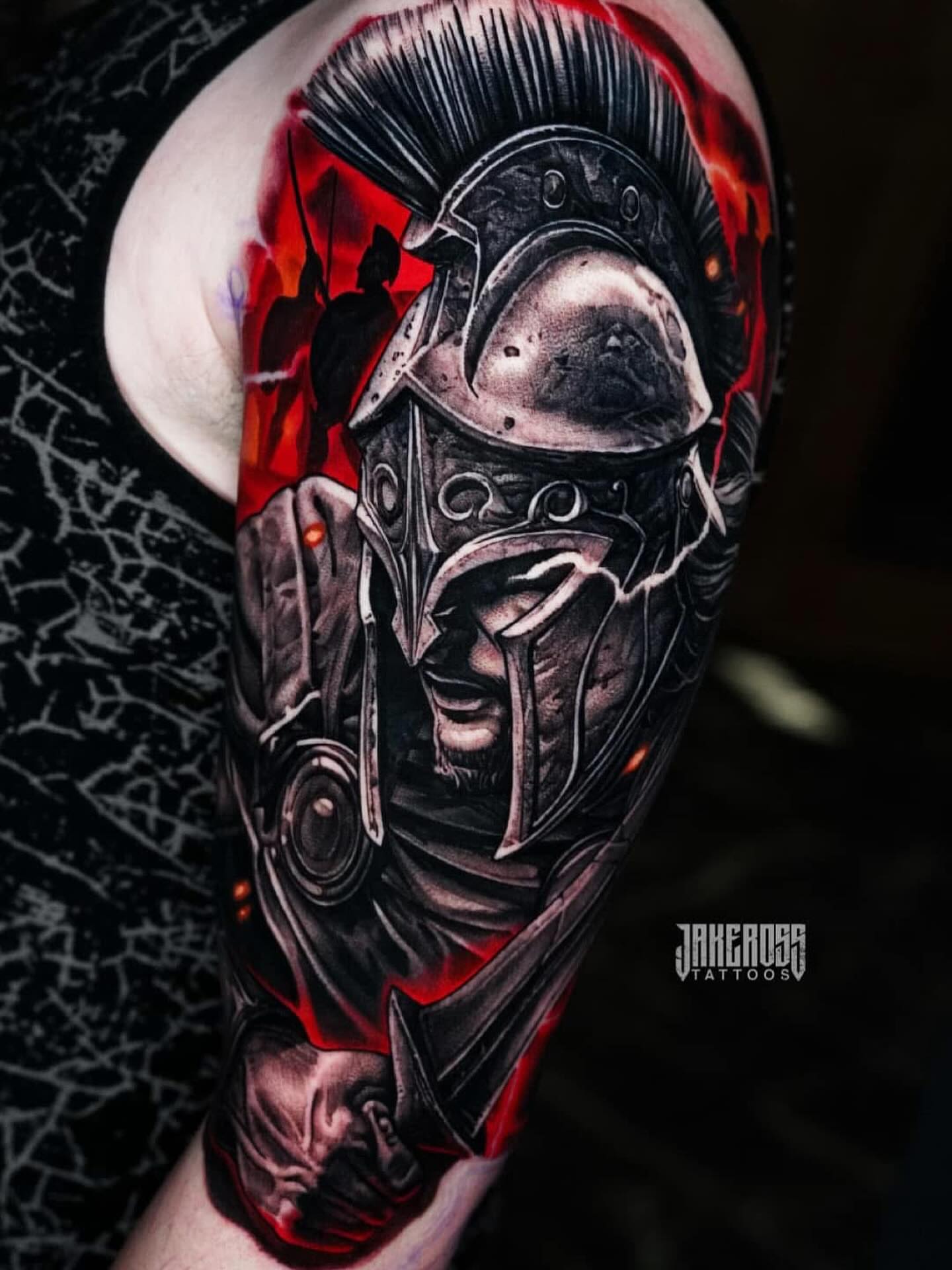 Spartan warrior helmet realism tattoo on the forearm by Jake Ross, Mentor, Ohio