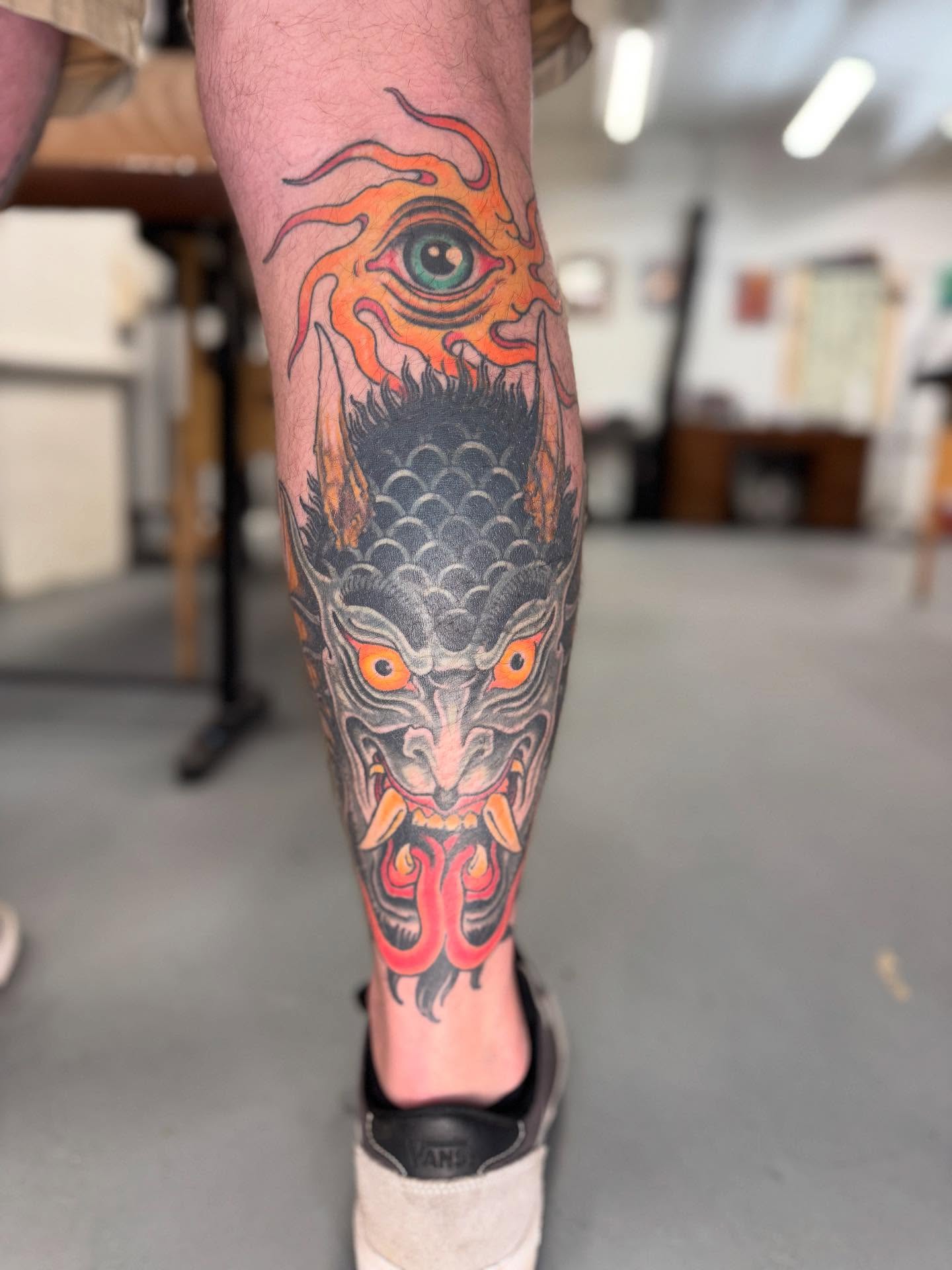 Demon head japanese irezumi tattoo on the calf by Cole Pittman Memphis Tattoo artist, Memphis, Tennessee