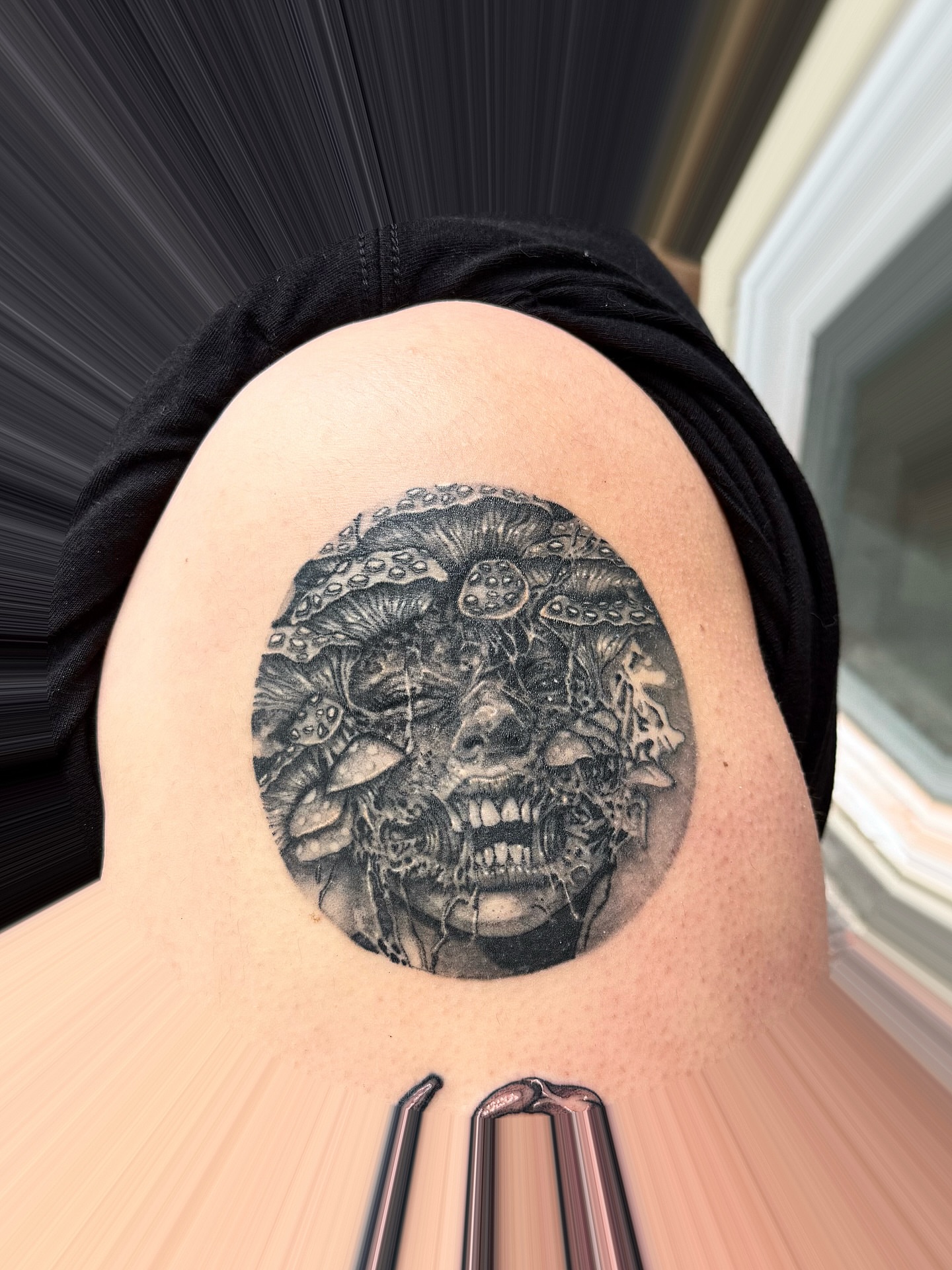 Mushroom creature realism tattoo on the shoulder by Danielle