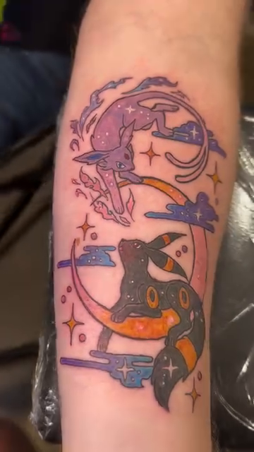 Umbreon and Lunala on moon neo-traditional tattoo by Zen Forbes