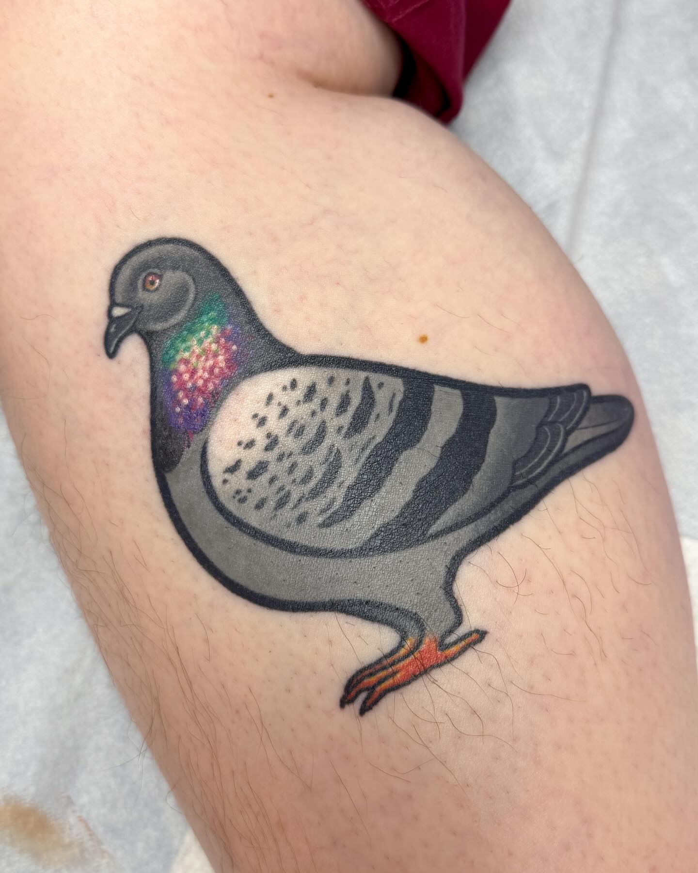 Pigeon realism tattoo on the upper arm by Janine Ramos