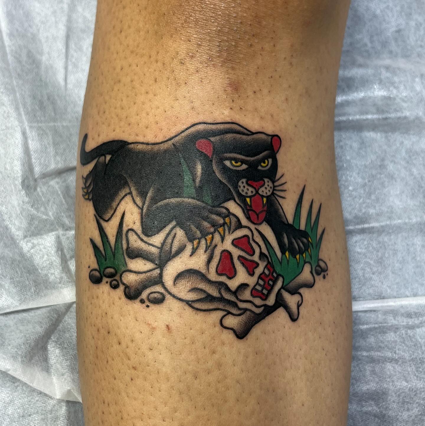Panther and skull American traditional tattoo on the forearm by Ana Valadez π¦, Ventura, California