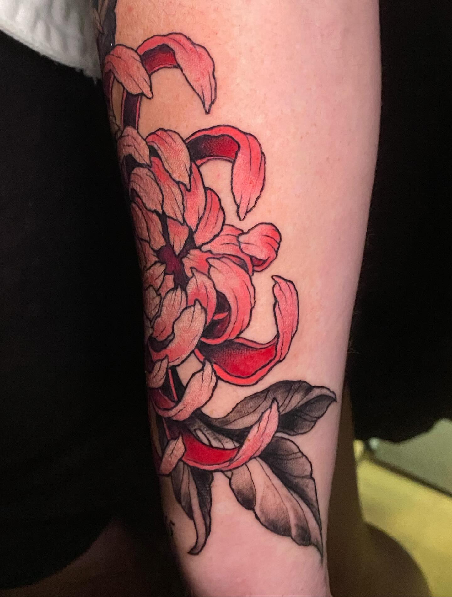 Peony American traditional tattoo on the forearm by Casey Dohner