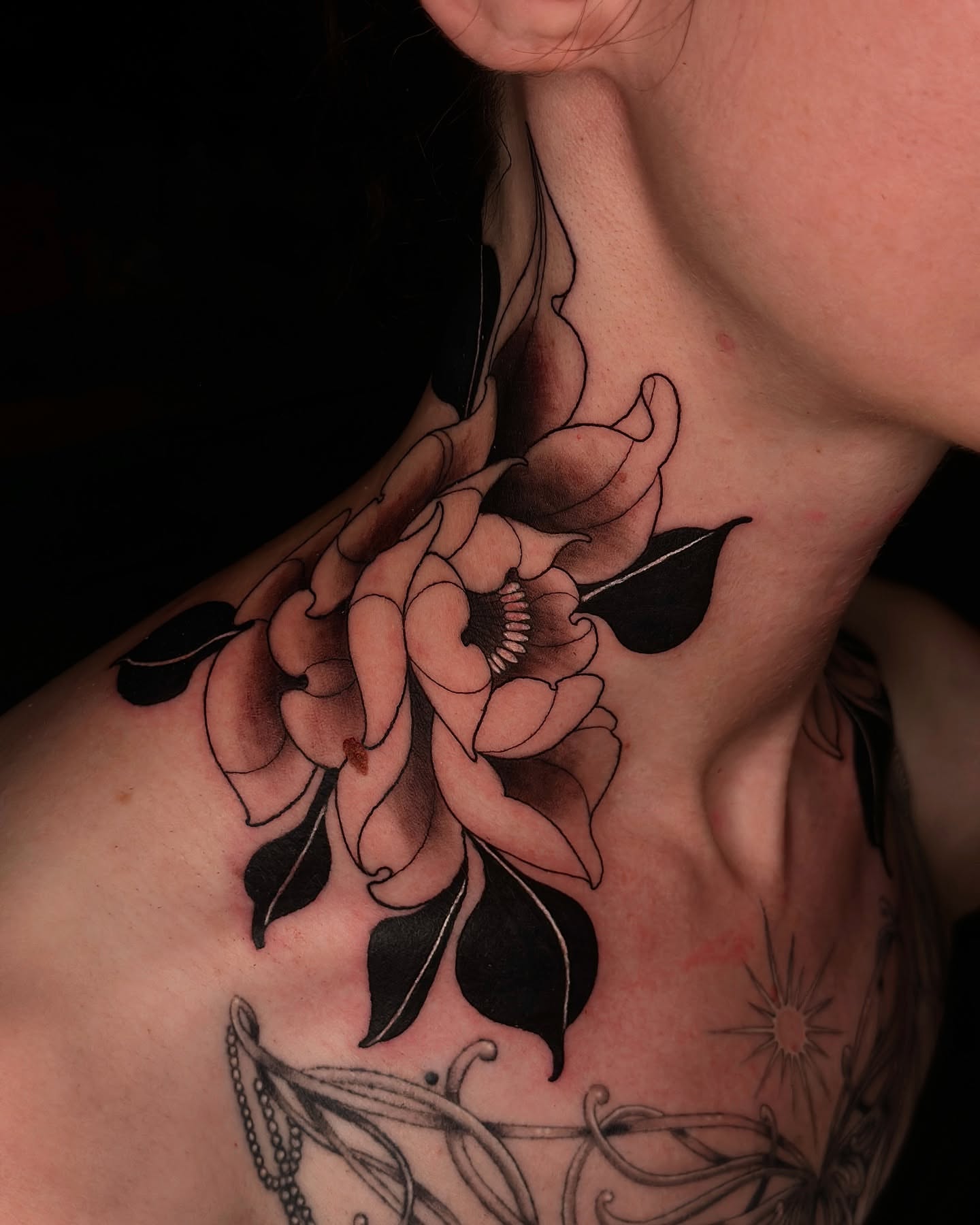 Flower black and grey tattoo on the chest by Rebecca Joy ❋ Tattoo Artist