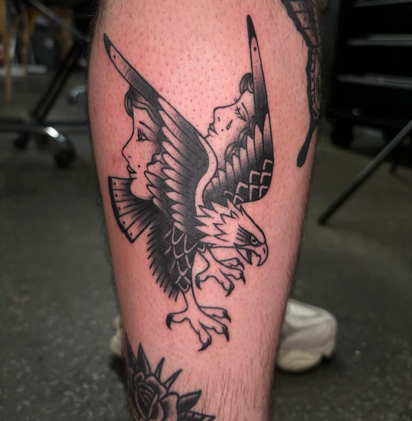 Eagle and woman American traditional tattoo on the forearm by Brett Ferguson