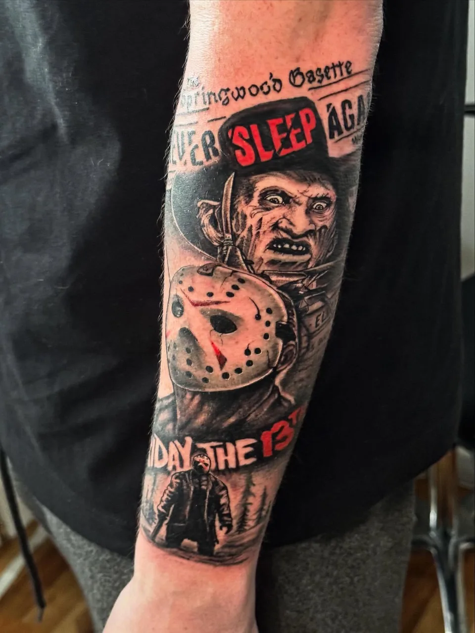 Friday the 13th realism tattoo on the forearm by Eldaddy