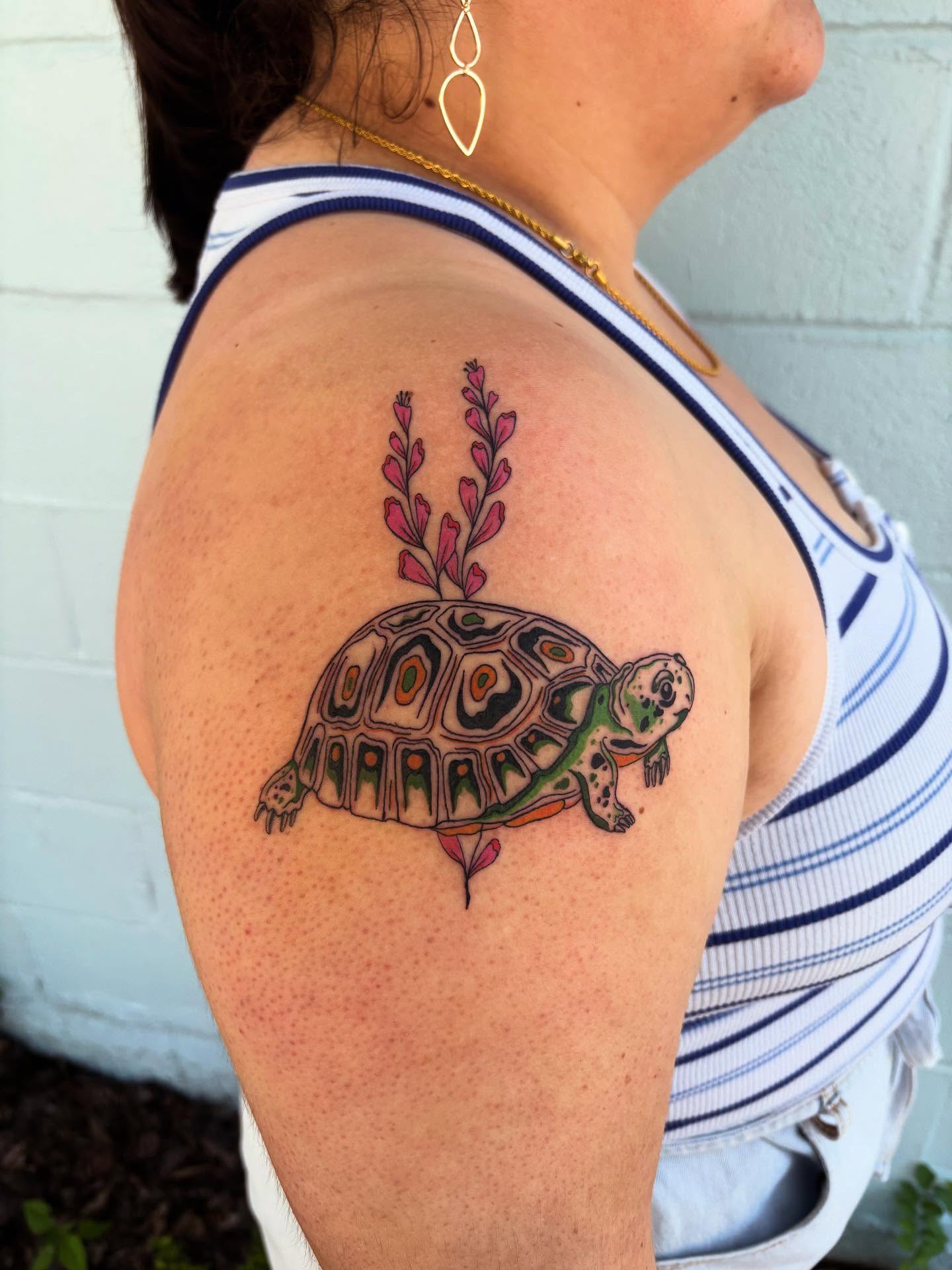 Turtle dotwork tattoo on the shoulder by Ashley Ellerman