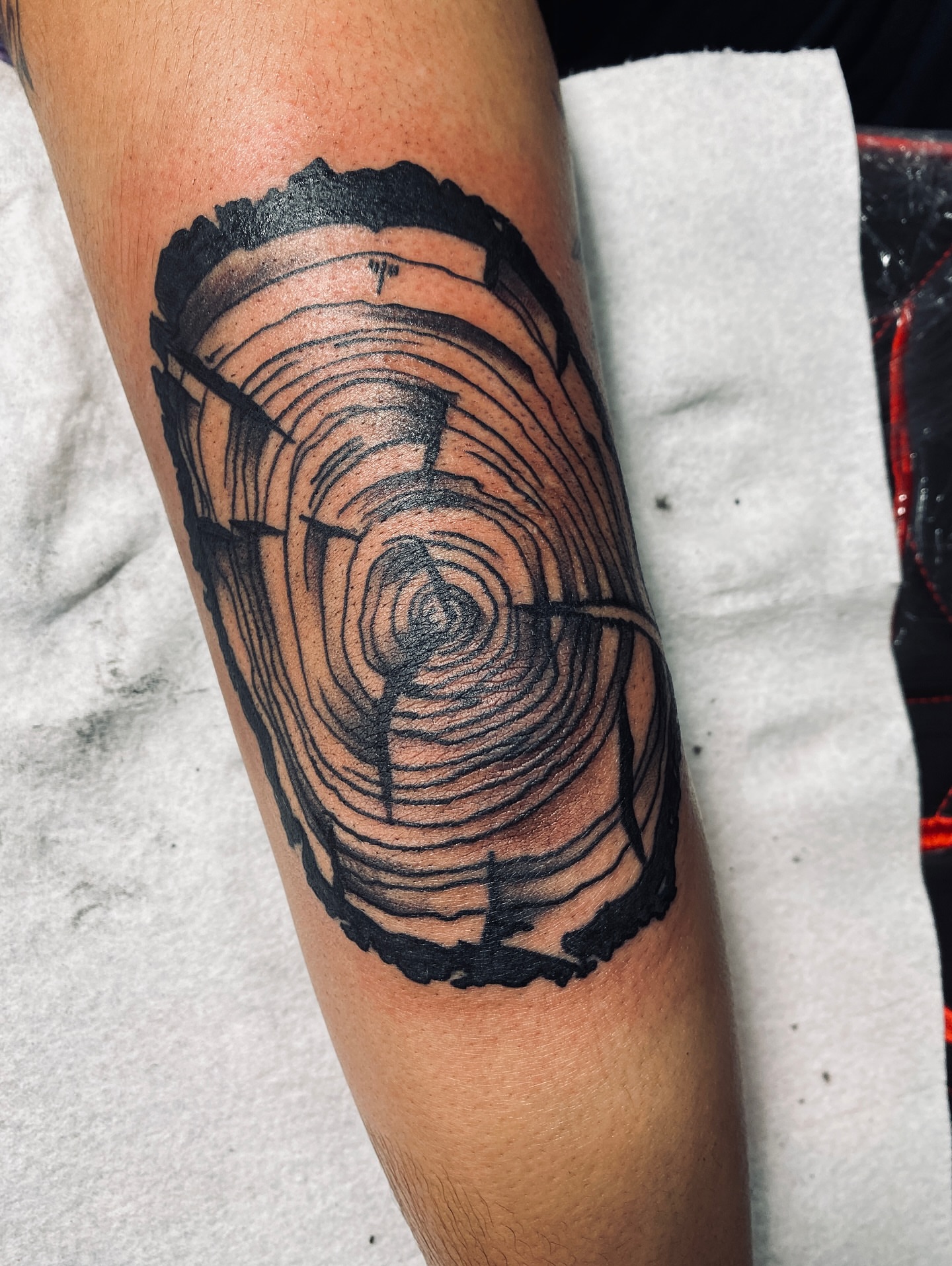 Wood grain black and grey tattoo on the forearm by Nessa, Las Vegas, Nevada