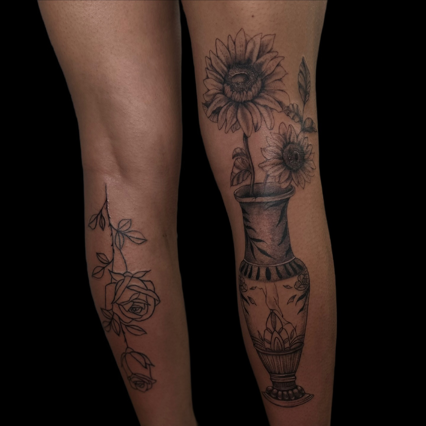 Sunflowers in vase realism tattoo on the forearm by Asia Rene Tattoos👑