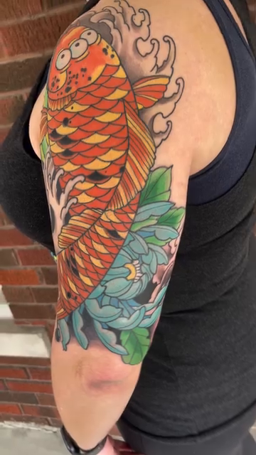 Koi fish with waves japanese irezumi tattoo by Jeremy Utley