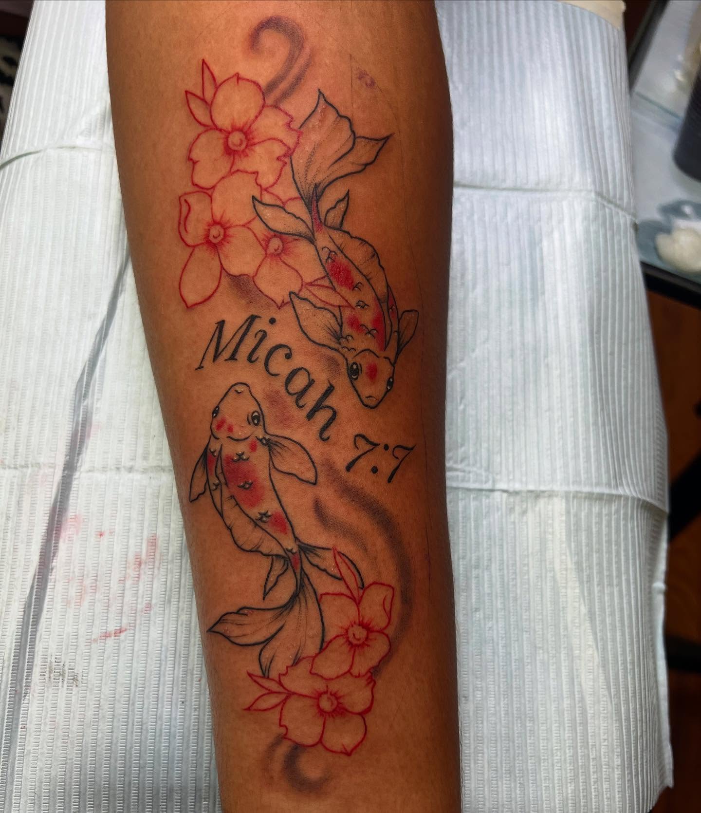 Koi fish and flowers japanese irezumi tattoo on the forearm by Tattoos by Ash, Crystal Lake, Illinois