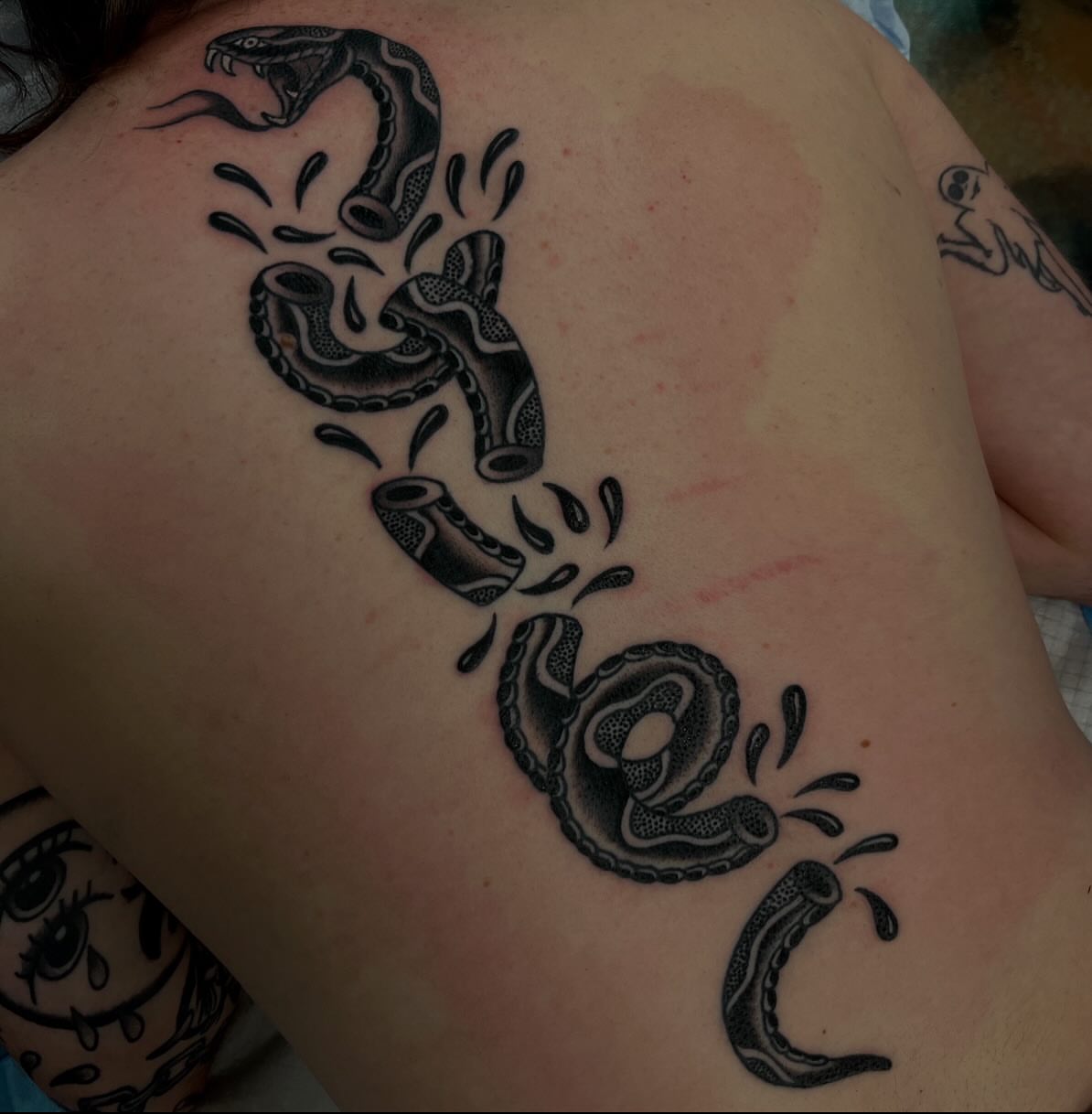 Snake black and grey tattoo on the back by Lee Brewster, Erlanger, Kentucky
