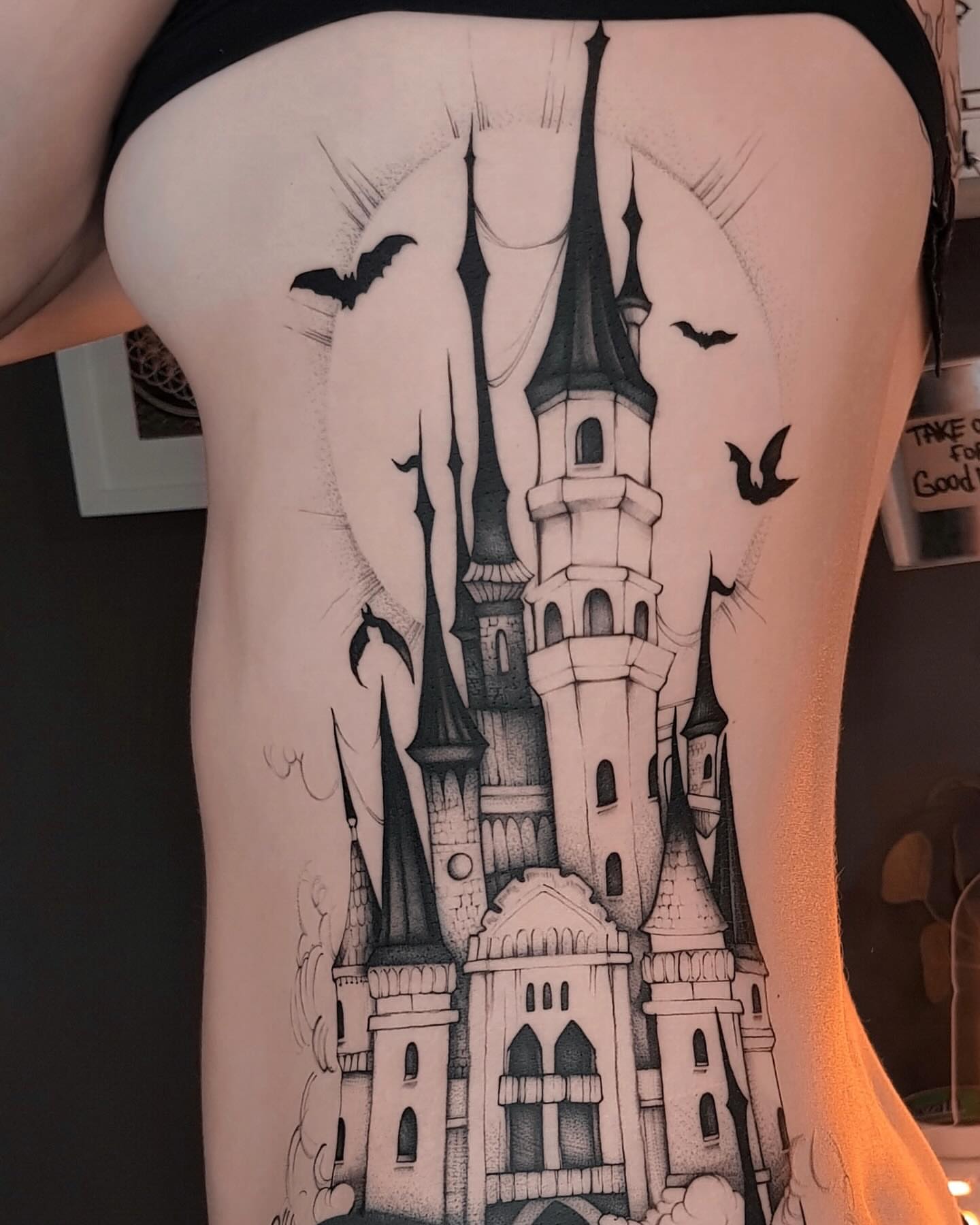 Castle dotwork tattoo on the thigh by Tattoo Seattle Anime Japanese San Francisco