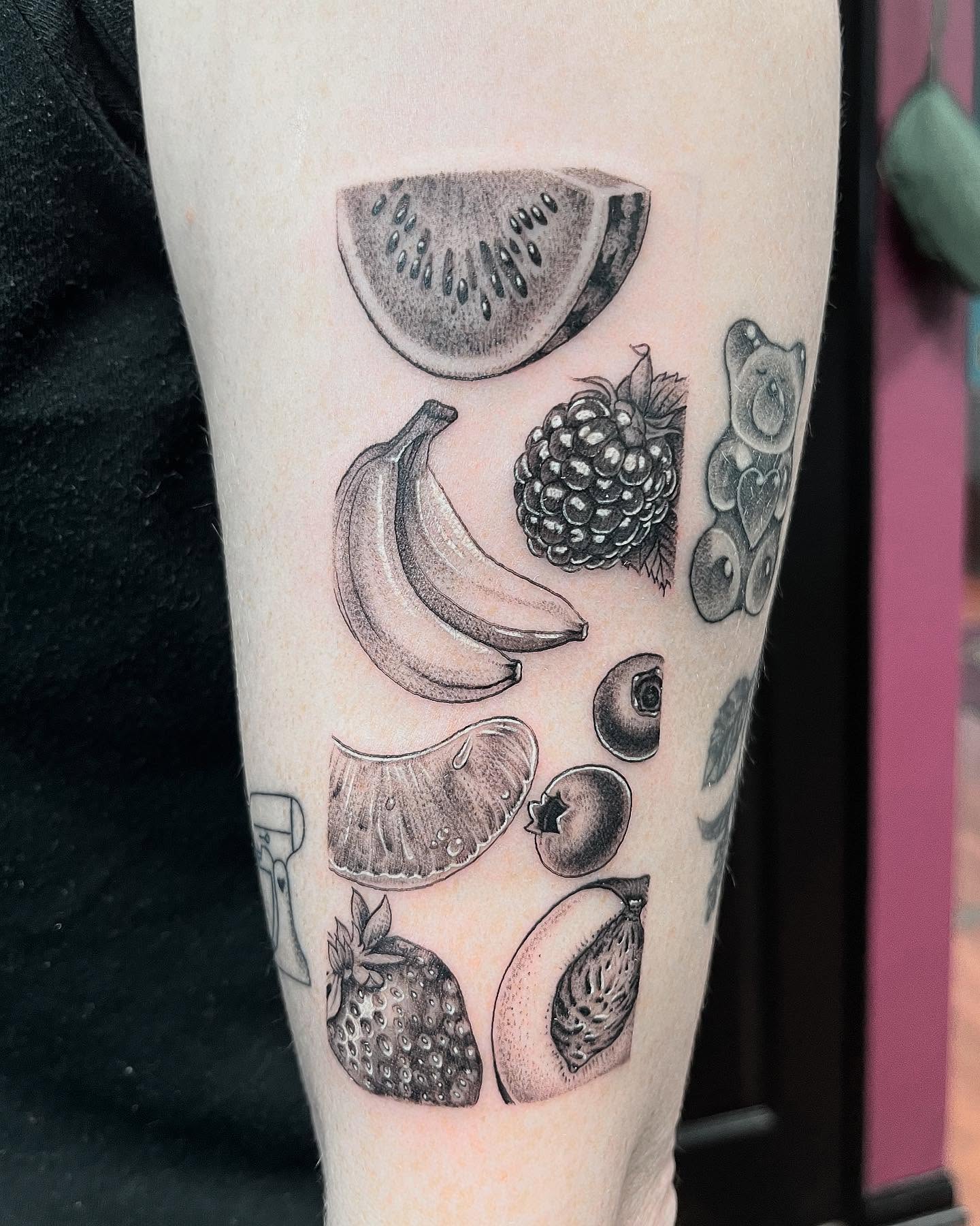 Fruit arrangement dotwork tattoo on the forearm by Kelli Donegan ๐ท