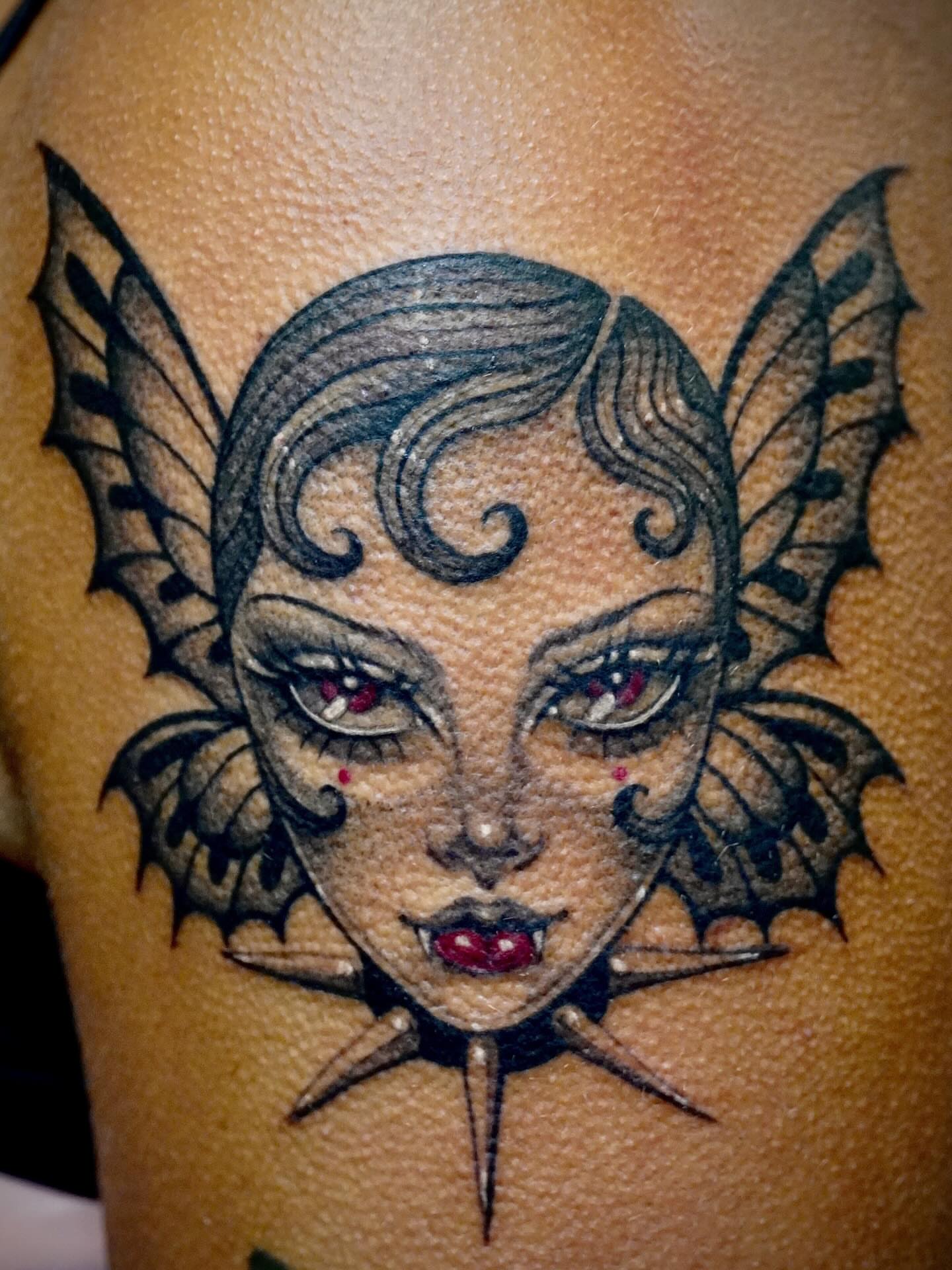 Bat-winged woman dark realism tattoo on the thigh by 吳盈慧, Los Angeles, California