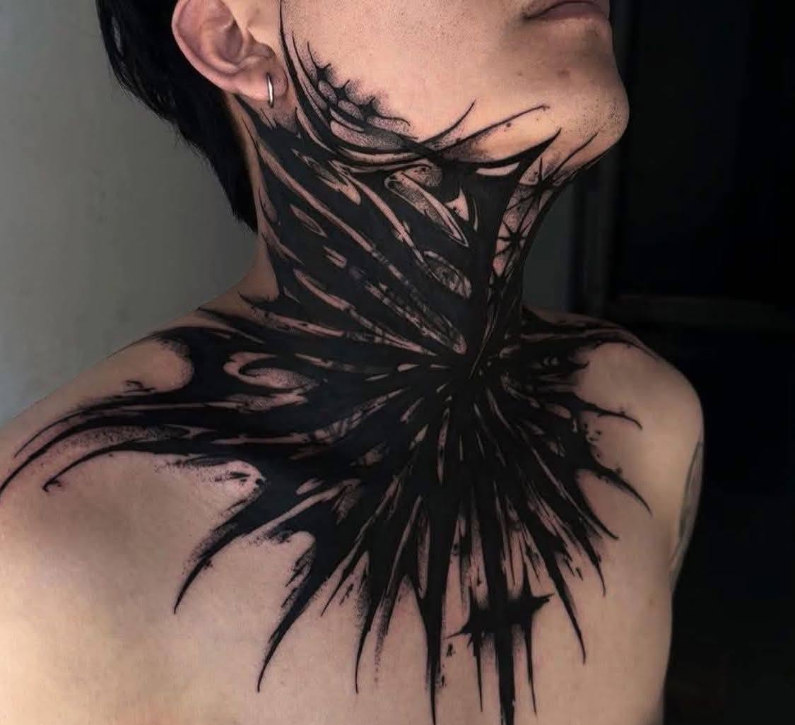 Abstract floral geometric tattoo on the neck by Peter John