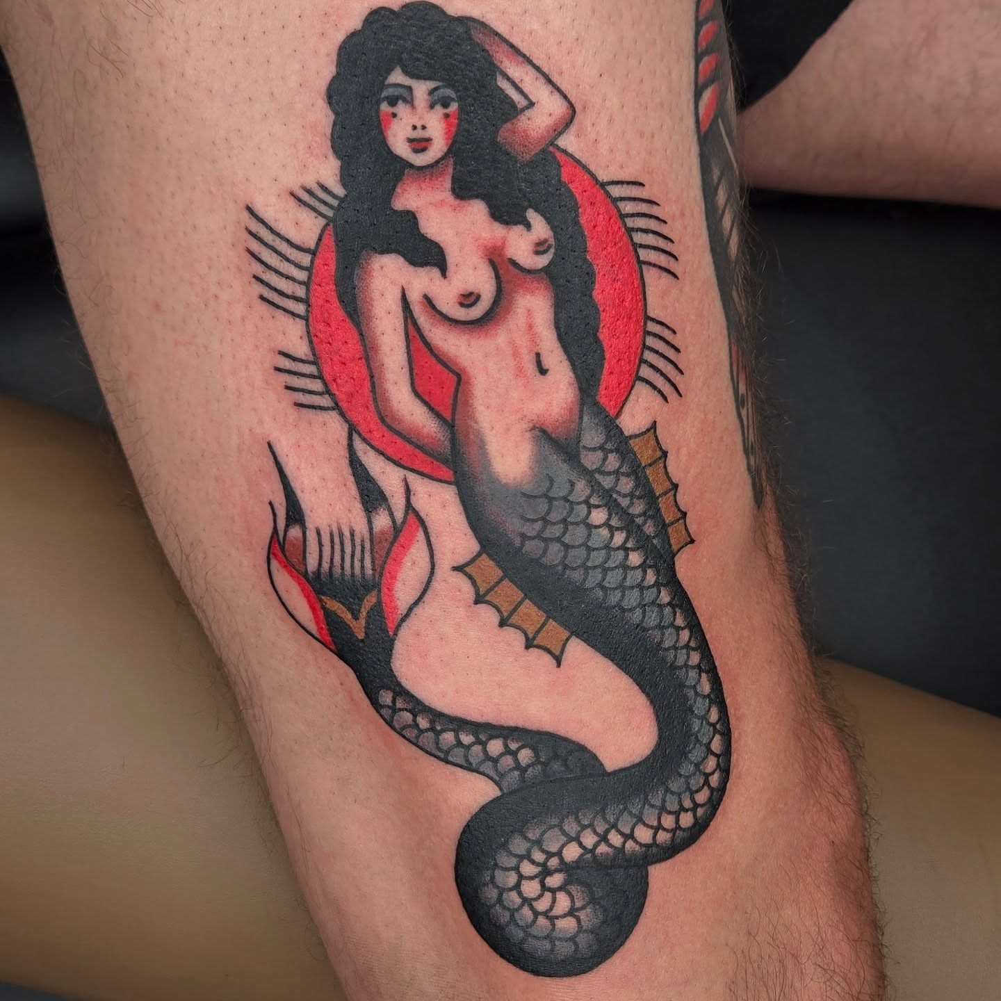 Mermaid American traditional tattoo on the thigh by Deke Harms, Bend, Oregon