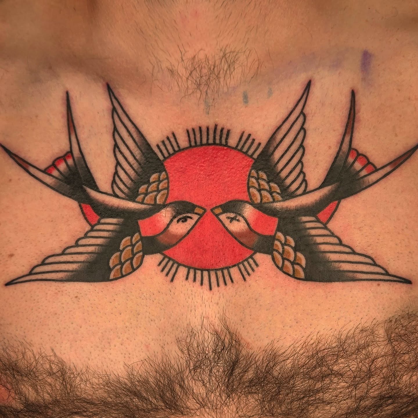 Swallows American traditional tattoo on the chest by Deke Harms, Bend, Oregon