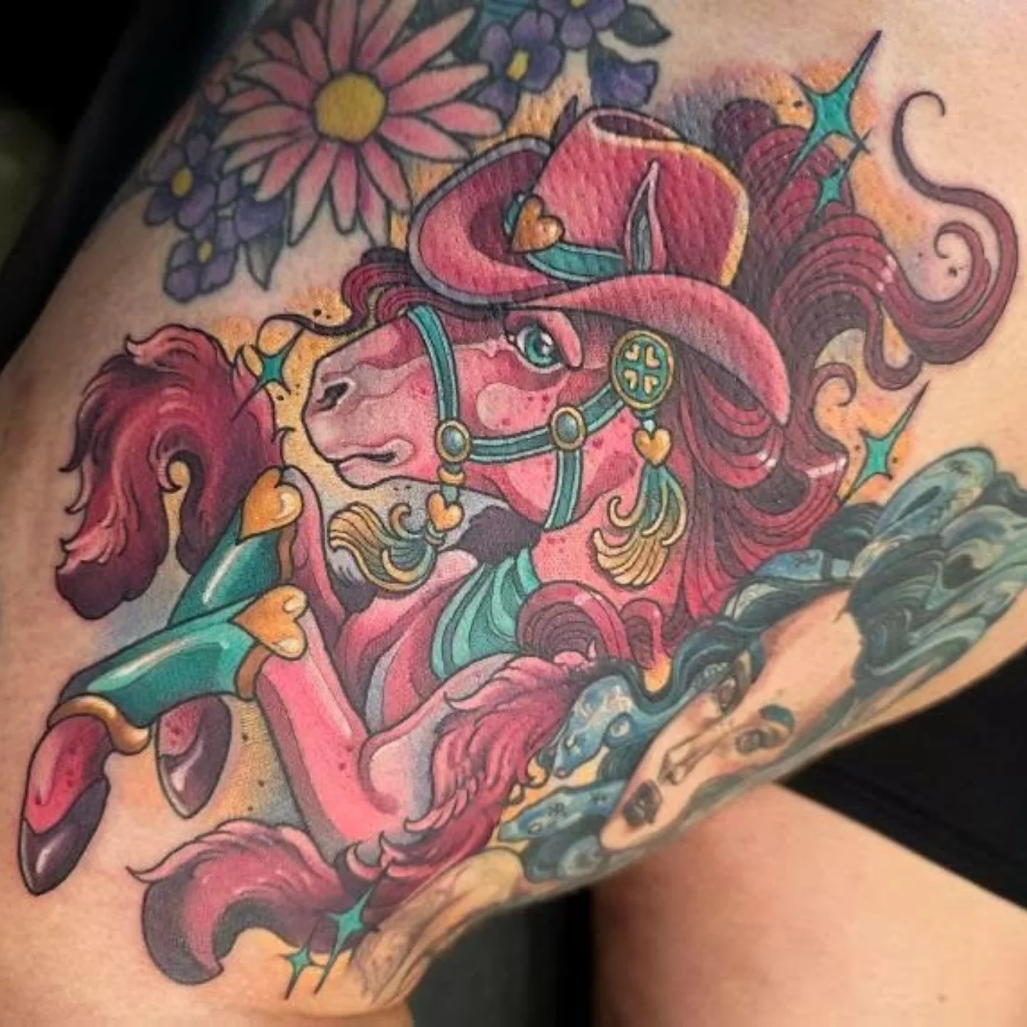 Horse with cowboy hat new school tattoo on the thigh by Jessica Canvas