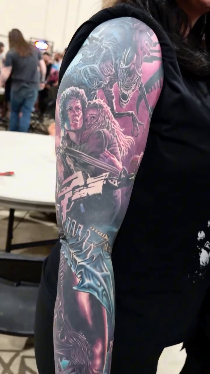 Arm sleeve with figures and creatures realism tattoo by Walt Watts, Salt Lake City, Utah