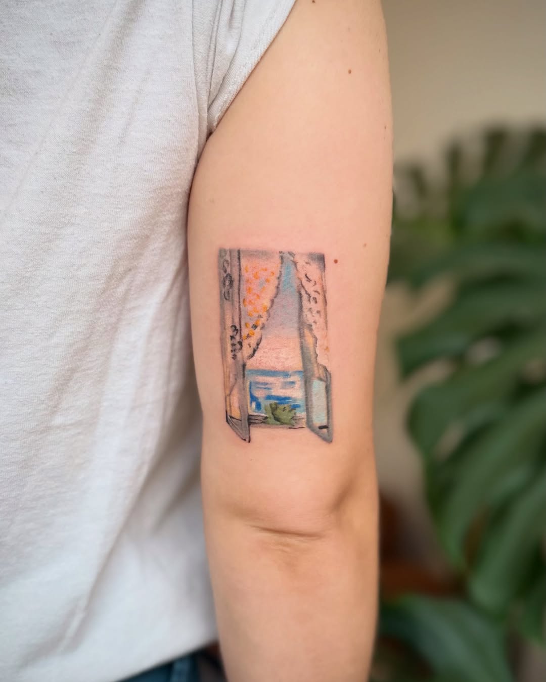 Window view of the sea minimalist tattoo on the forearm by Jennifer Fuster