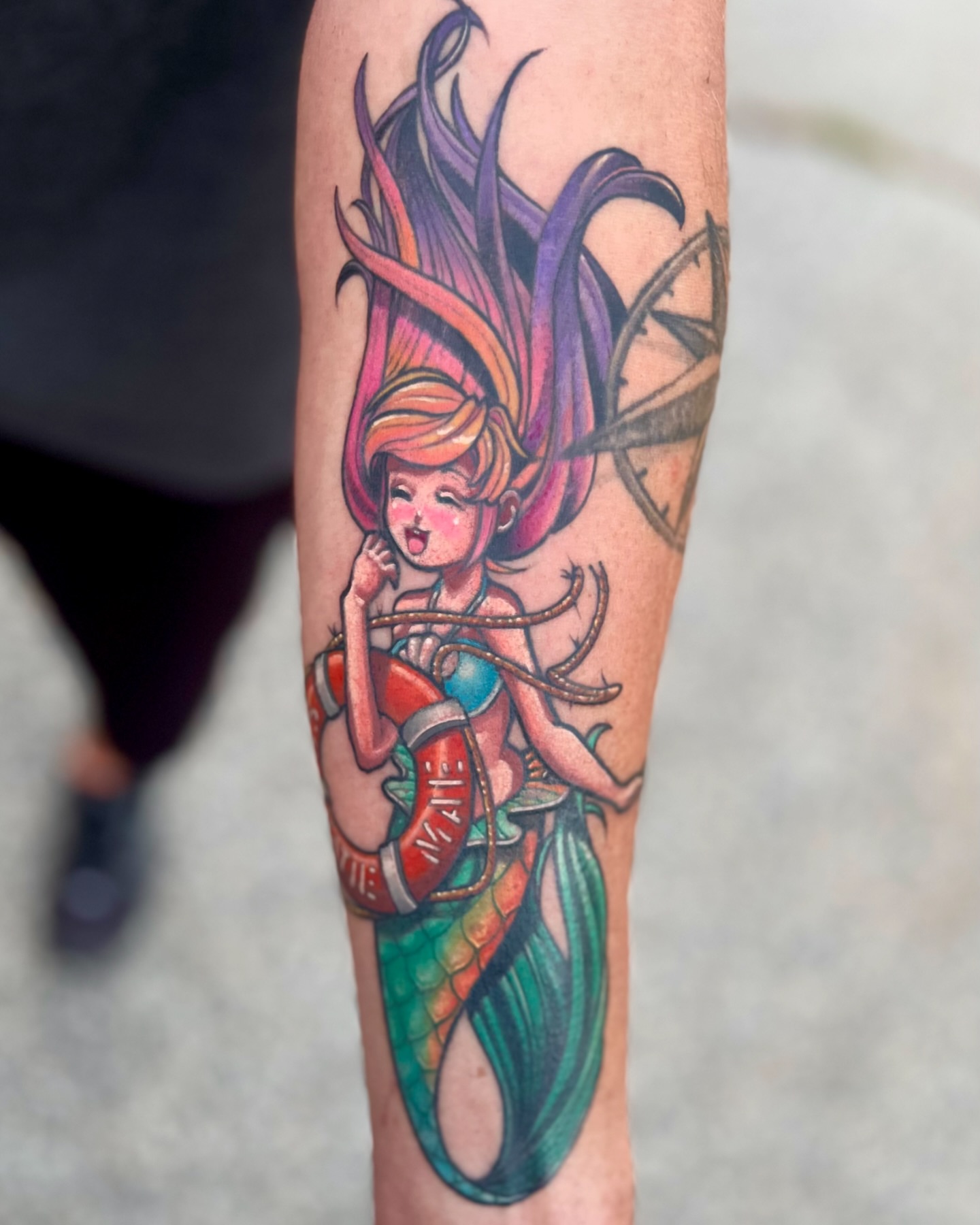 Mermaid American traditional tattoo on the forearm by Brennan Freemantle