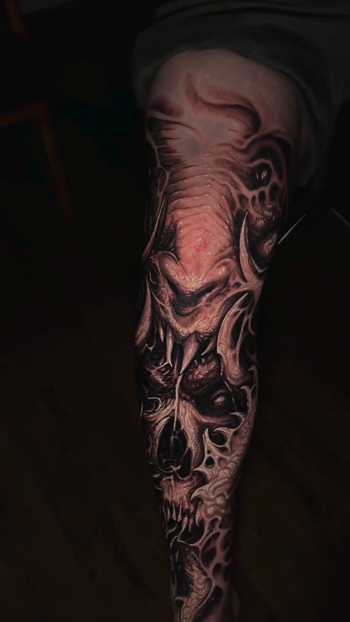 Tattoo by @aaronmtattoos — dark_realism, black_and_grey