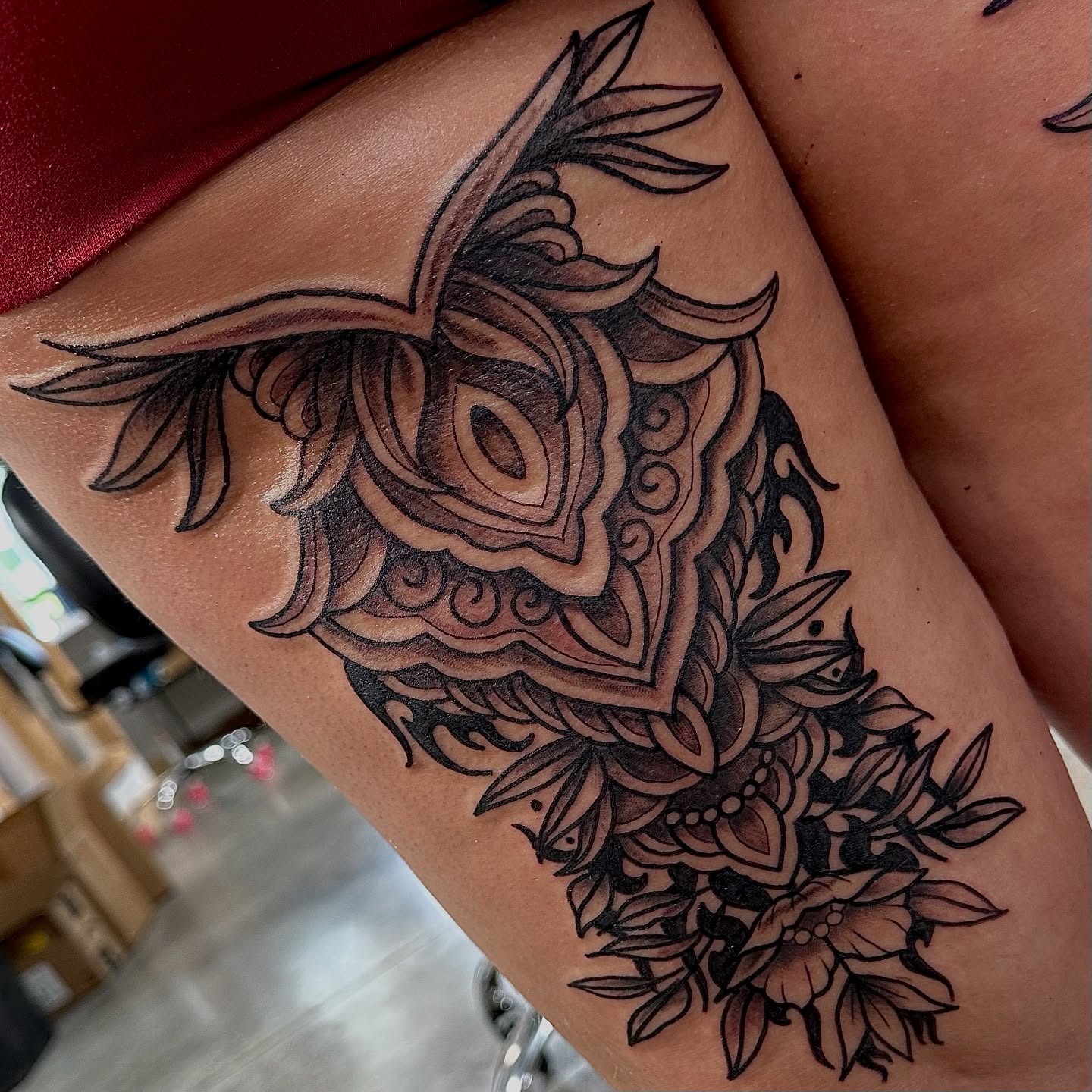 Owl black and grey tattoo on the thigh by Emily K Lingg
