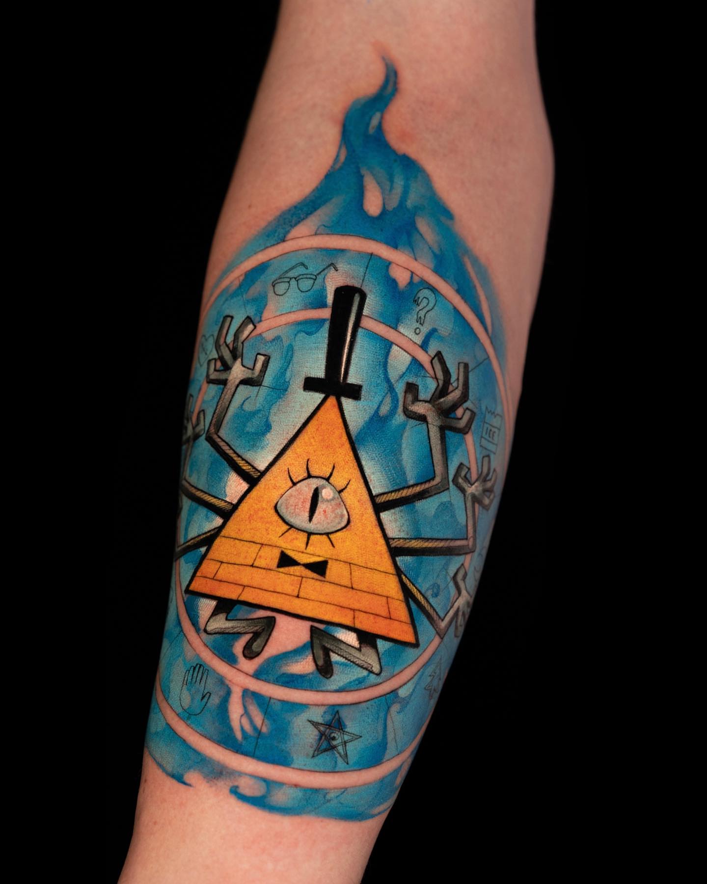 Bill Cipher geometric tattoo on the forearm by Jorell Elie