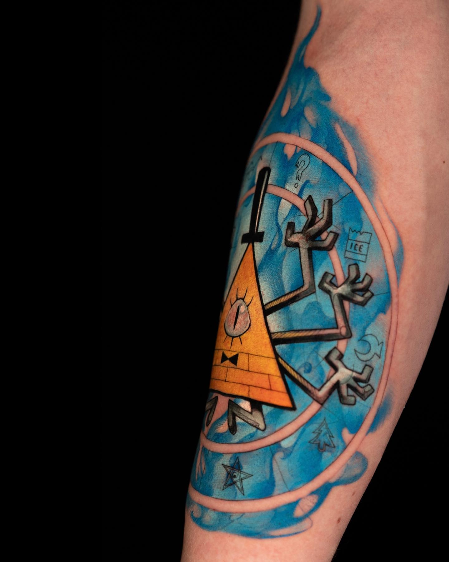 Triangle character with arms and legs geometric tattoo on the forearm by Jorell Elie