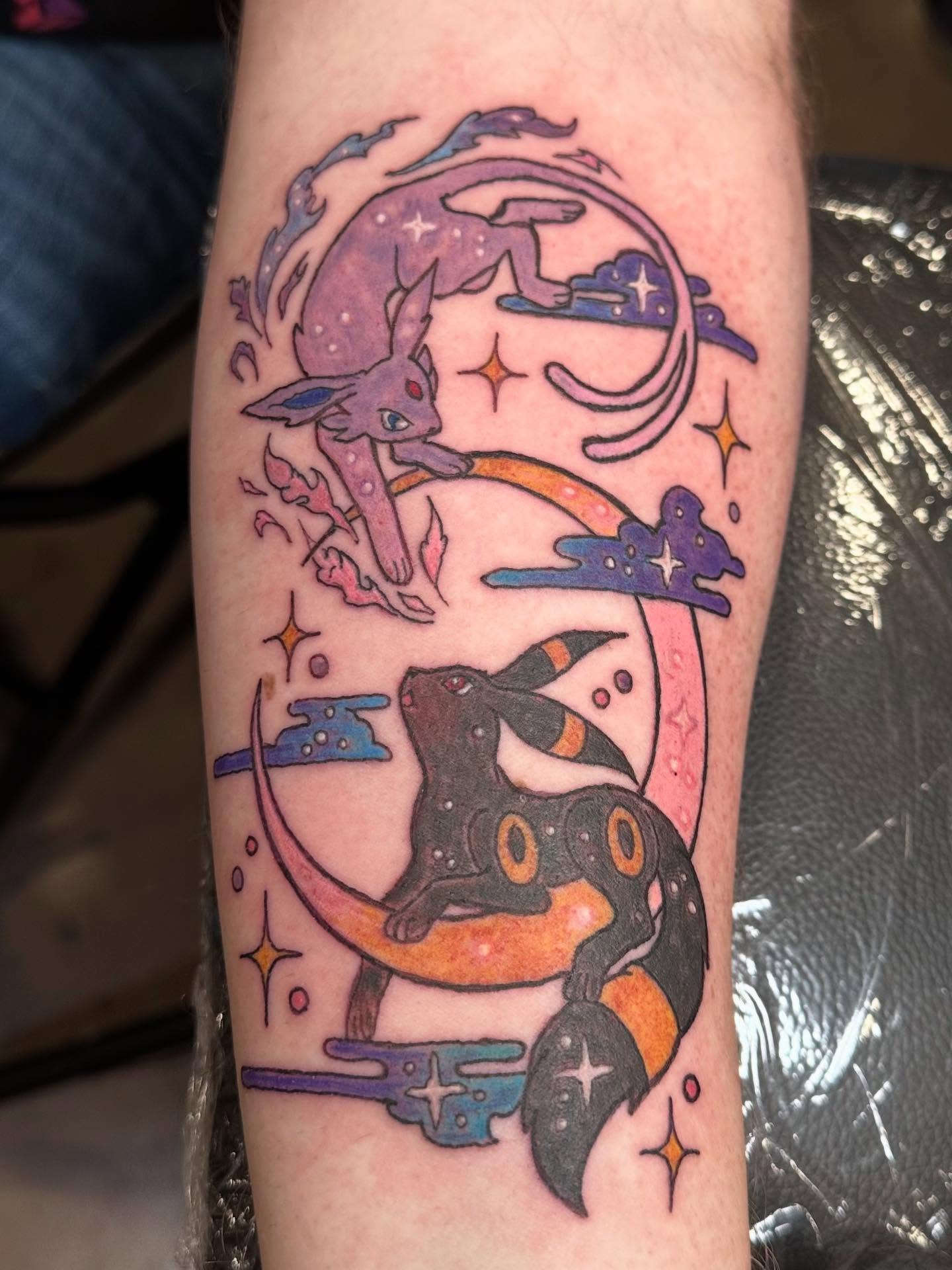 Eevee evolution new school tattoo on the forearm by Zen Forbes