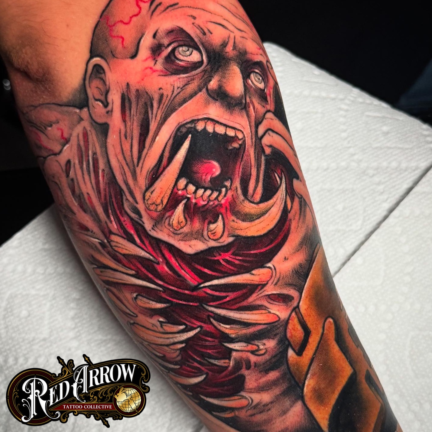 Horror creature dark realism tattoo on the forearm by 𝕽𝖊𝖉 𝕬𝖗𝖗𝖔𝖜 𝕿𝖆𝖙𝖙𝖔𝖔 𝕮𝖔𝖑𝖑𝖊𝖈𝖙𝖎𝖛𝖊, Troy, Michigan