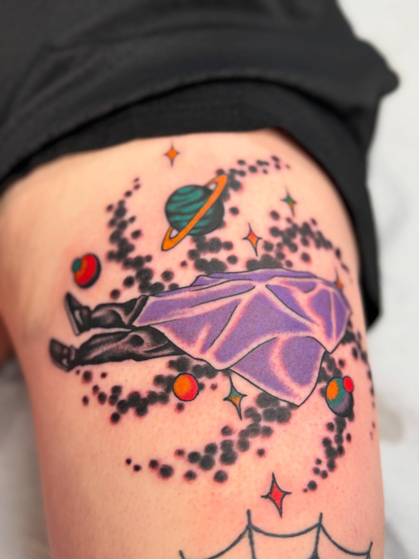 Space-themed tattoo dotwork tattoo on the thigh by Cole Pittman Memphis Tattoo artist, Memphis, Tennessee