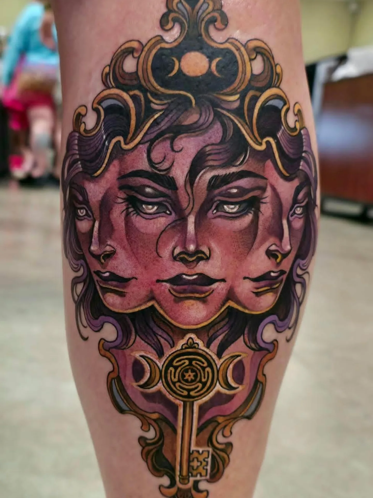 Three-faced woman American traditional tattoo on the forearm by Jessica Canvas
