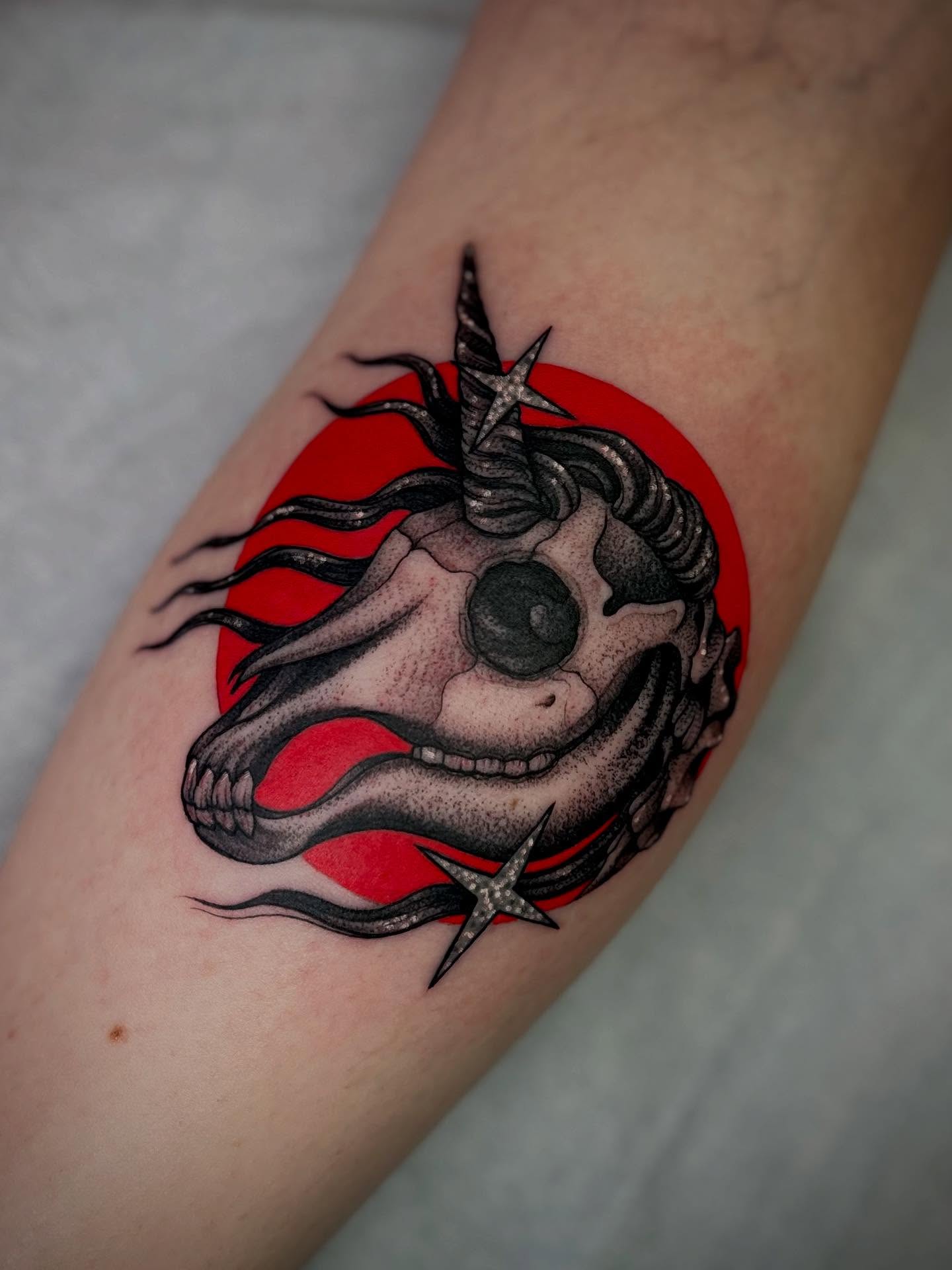 Skull with horns realism tattoo on the forearm by Martha Gual π€ East ATX Tattooer