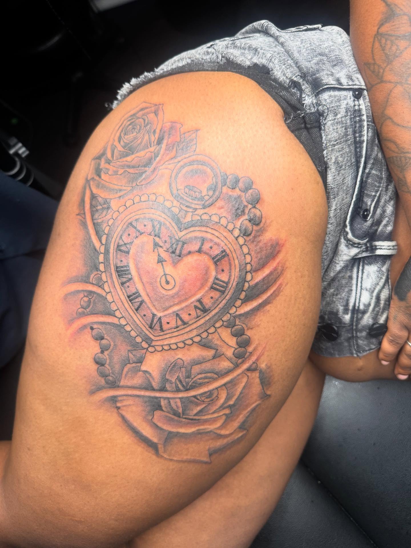 Heart clock realism tattoo on the shoulder by Tattoosbydevon