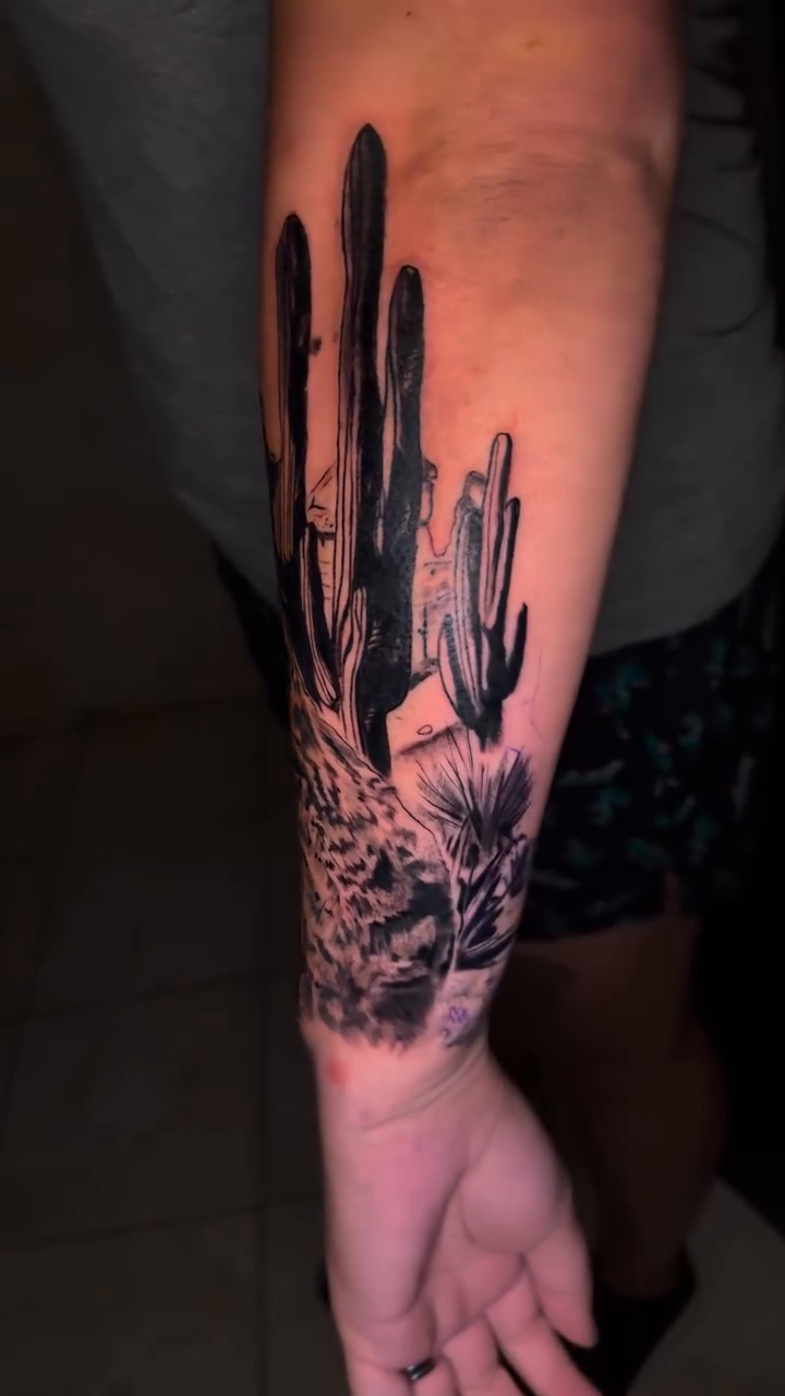 Desert landscape with saguaro cacti realism tattoo by Sergio Ramirez