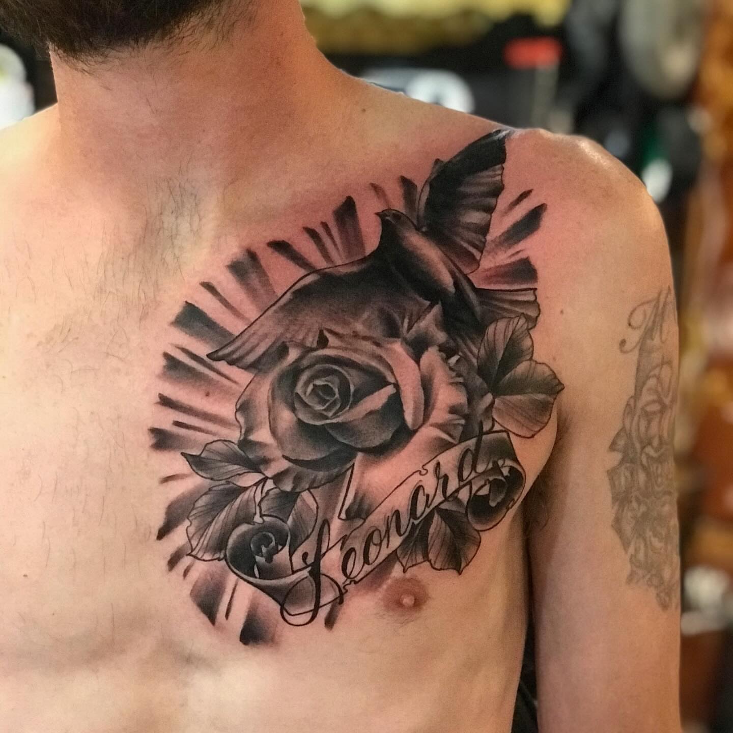 Rose black and grey tattoo on the chest by 💀good To the Grave💀