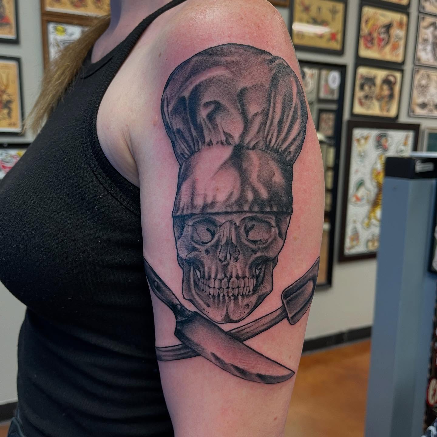 Chef skull with crossed knives realism tattoo on the forearm by 💀good To the Grave💀