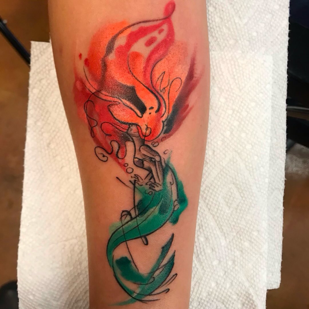 Mermaid and flame watercolor tattoo on the forearm by 💀good To the Grave💀